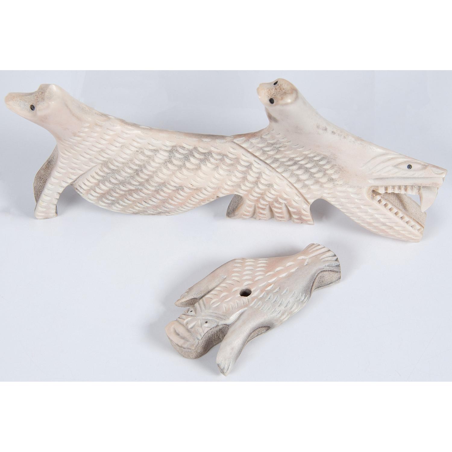 Collection of Alaskan Eskimo and Greenlandic Inuit Whale Bone and Walrus Ivory Tupilaks and Carvings — lot of 10