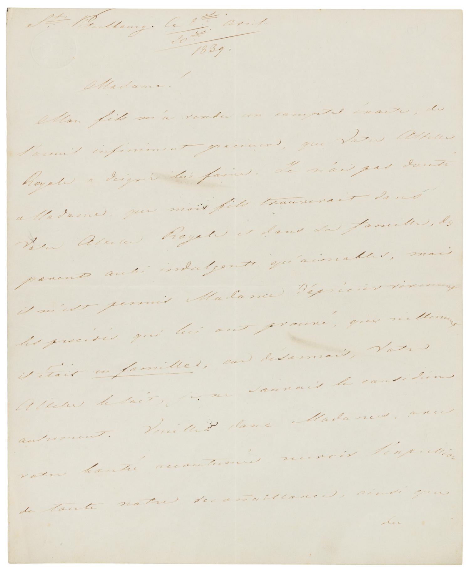 NICHOLAS I, Emperor of Russia. Autographed letter signed ("Nicolas"), in Russian, to an unnamed Royal Highness, St. Petersburg, 1820.