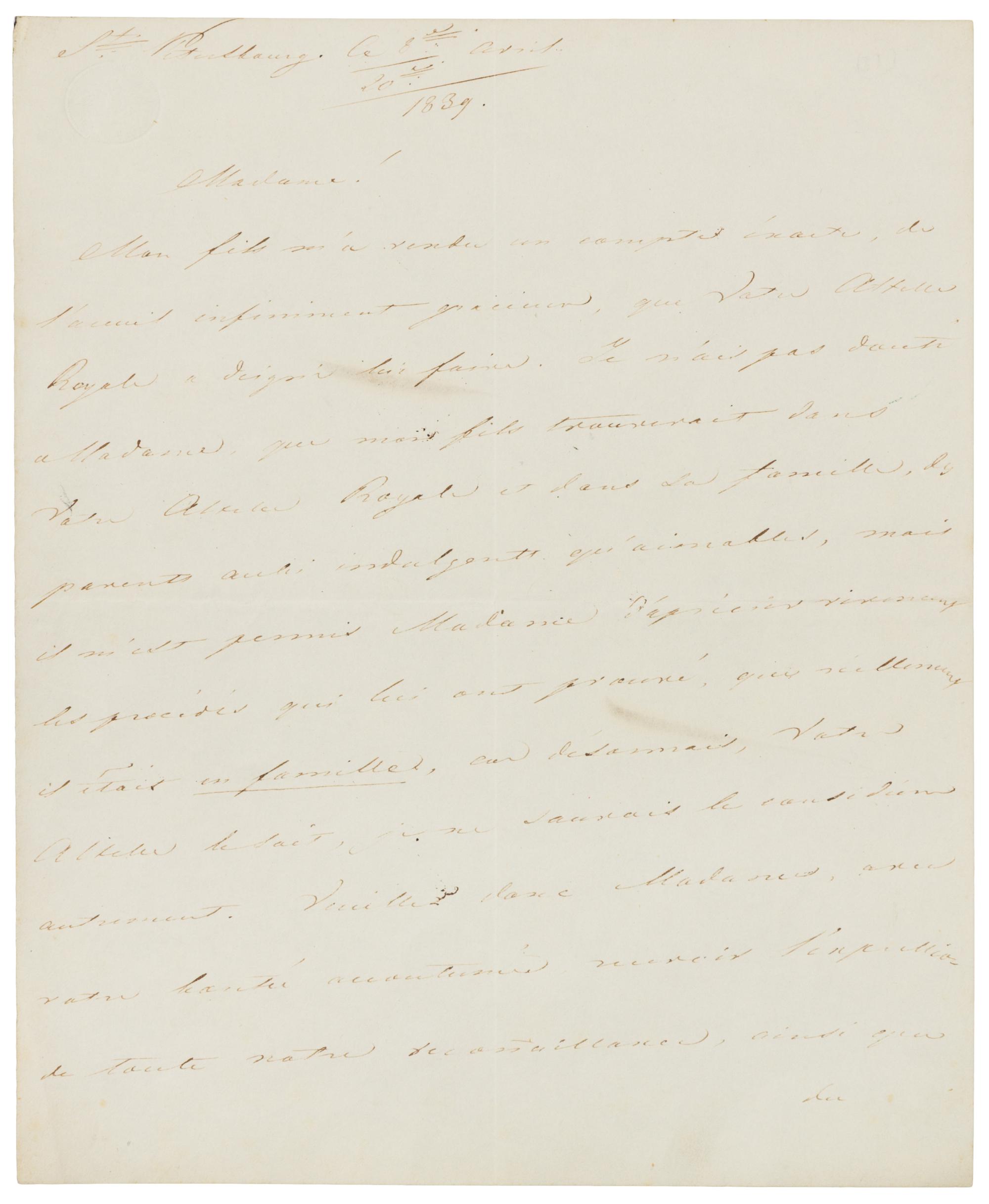 NICHOLAS I, Emperor of Russia. Autographed letter signed ("Nicolas"), in Russian, to an unnamed Royal Highness, St. Petersburg, 1820.