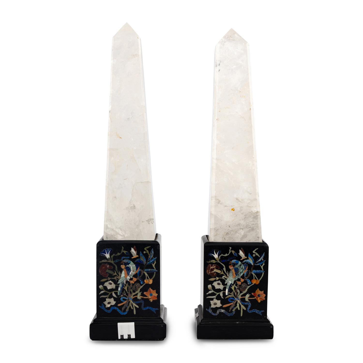 A Pair of Neoclassical Style Rock Crystal and Pietra Dura Obelisks