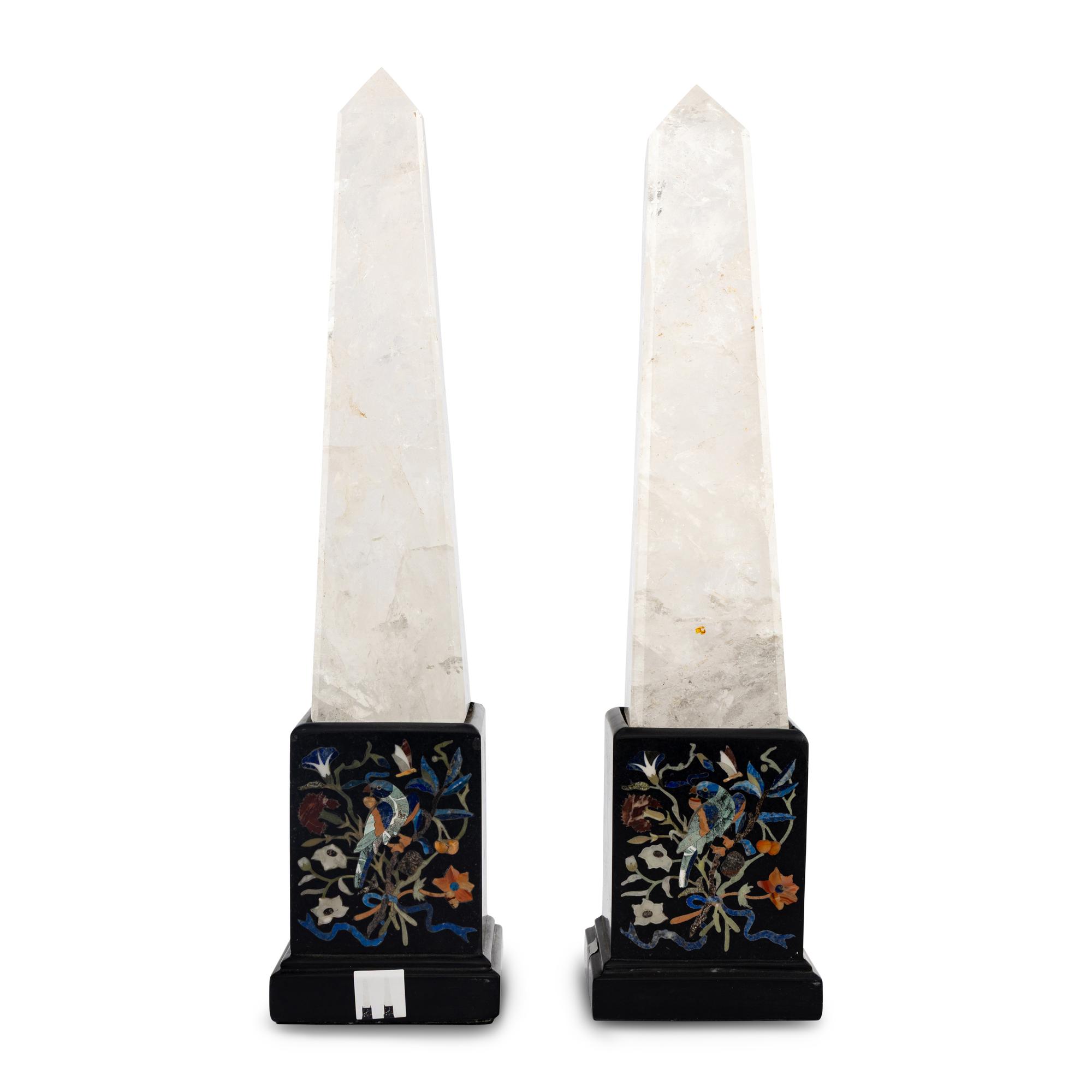 A Pair of Neoclassical Style Rock Crystal and Pietra Dura Obelisks