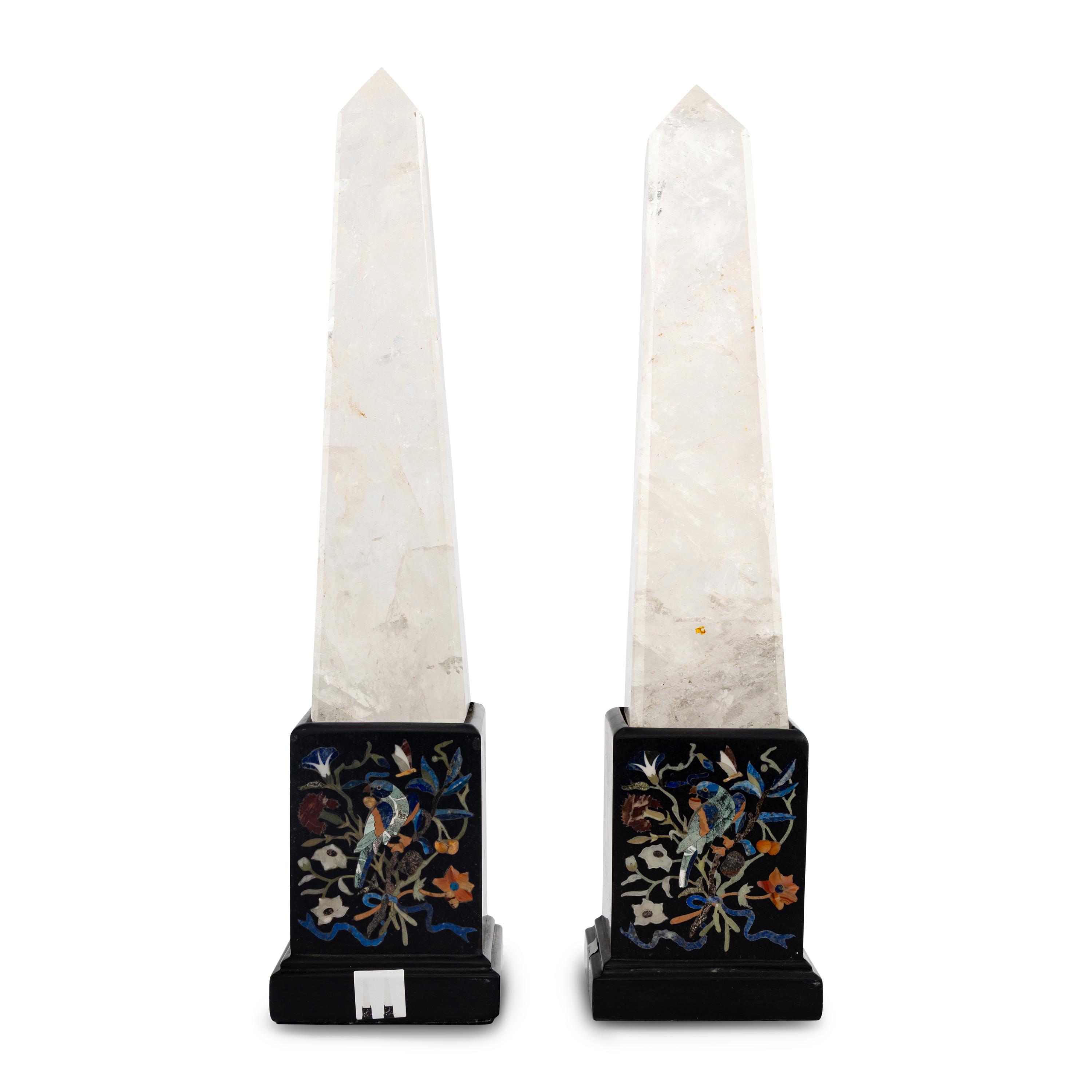 A Pair of Neoclassical Style Rock Crystal and Pietra Dura Obelisks