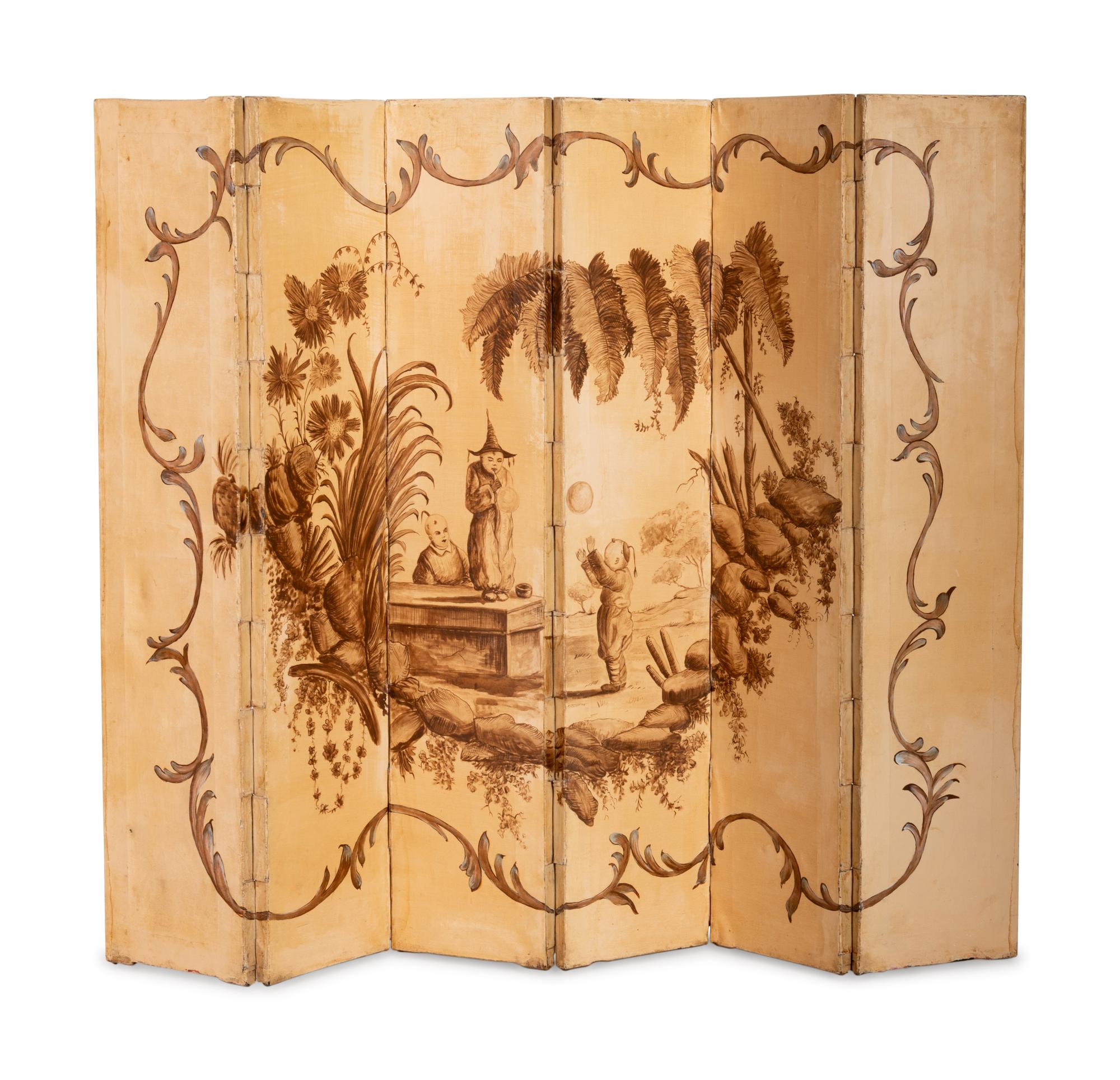A Painted Canvas Six-Panel Screen in the Style of Jean-Baptiste Pillement (French, 1728-1808)