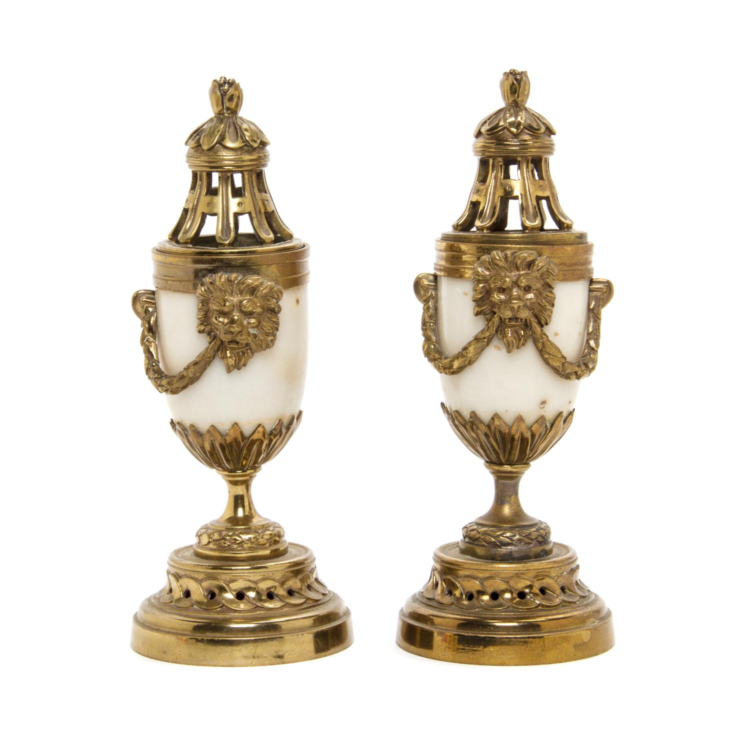 A Pair of Louis XV Style Gilt Metal Mounted Marble Cassolettes, Height 7 7/8 inches.