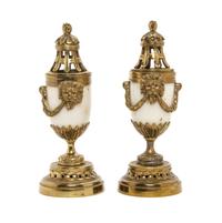 A Pair of Louis XV Style Gilt Metal Mounted Marble Cassolettes, Height 7 7/8 inches.
