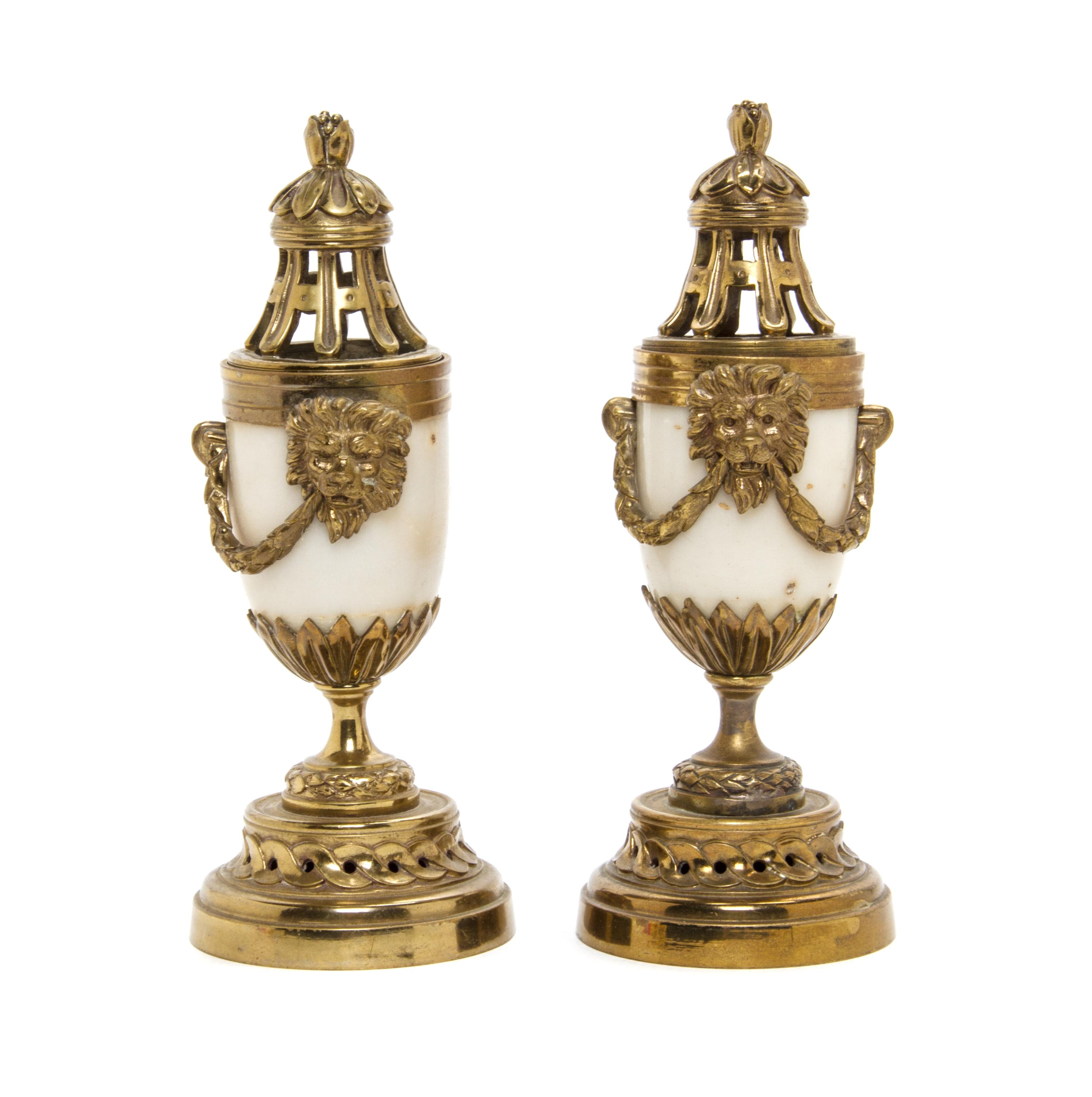 A Pair of Louis XV Style Gilt Metal Mounted Marble Cassolettes, Height 7 7/8 inches.