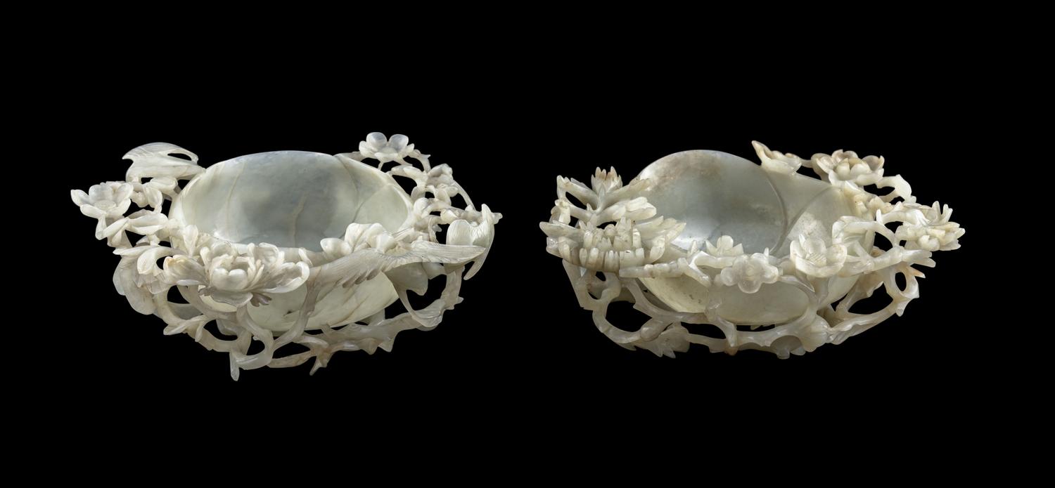 A Pair of Chinese Pale Celadon Jade Brush Washers, Xi