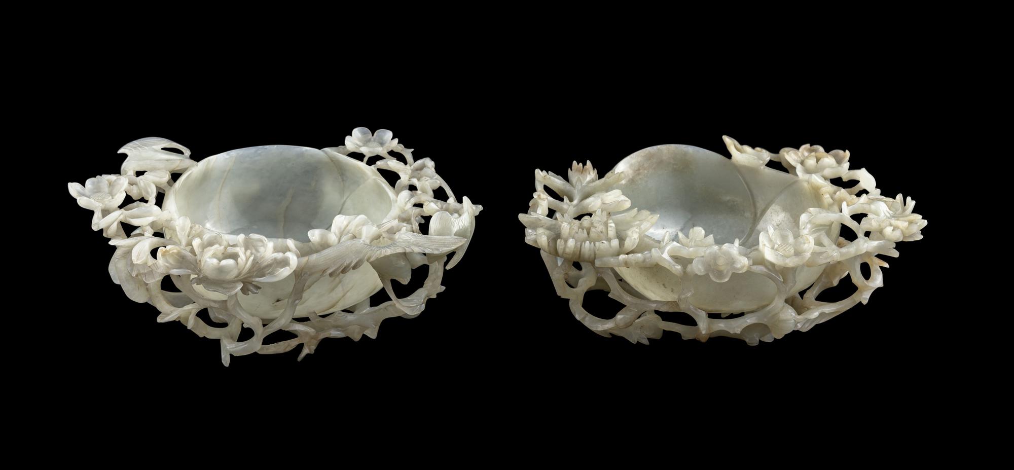 A Pair of Chinese Pale Celadon Jade Brush Washers, Xi
