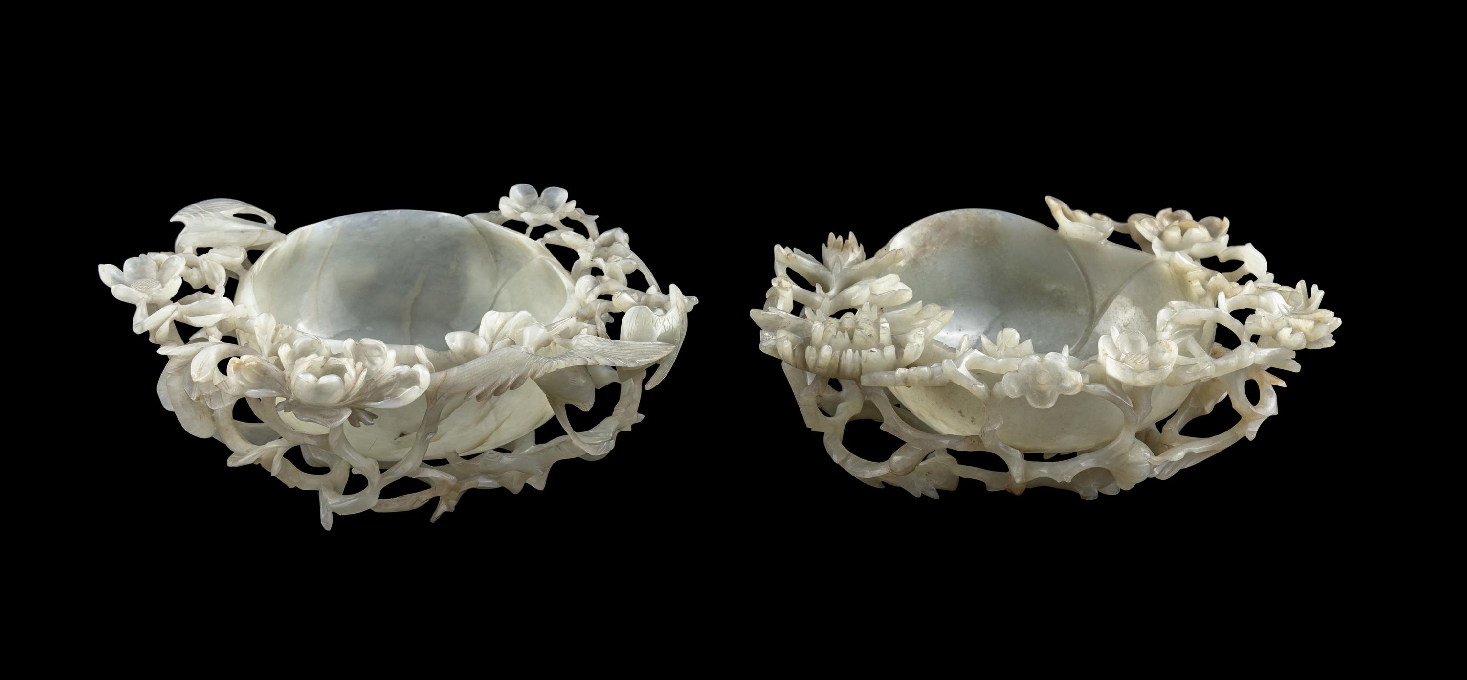 A Pair of Chinese Pale Celadon Jade Brush Washers, Xi