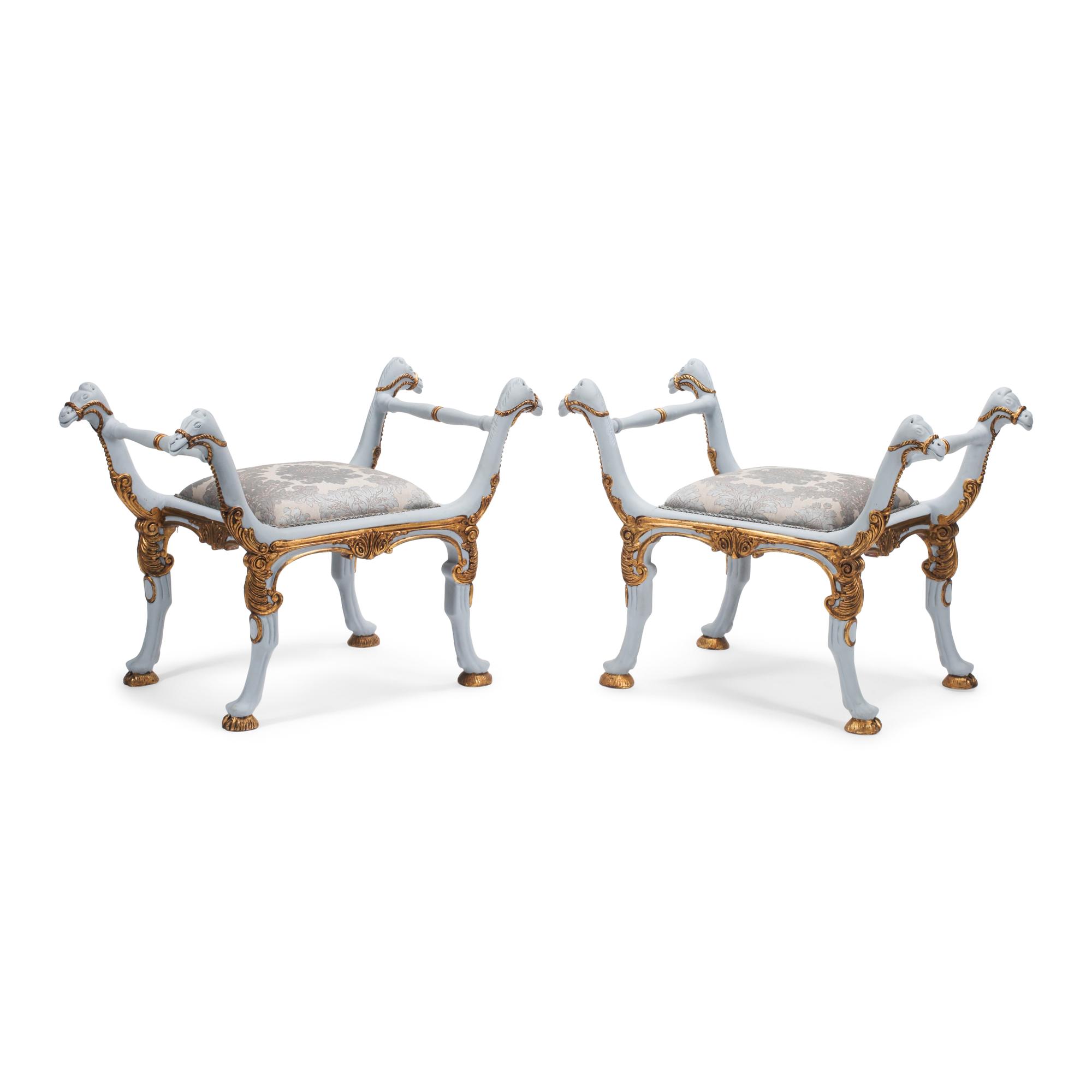A Pair of Italian Painted and Parcel-Gilt Camel-Motif Benches