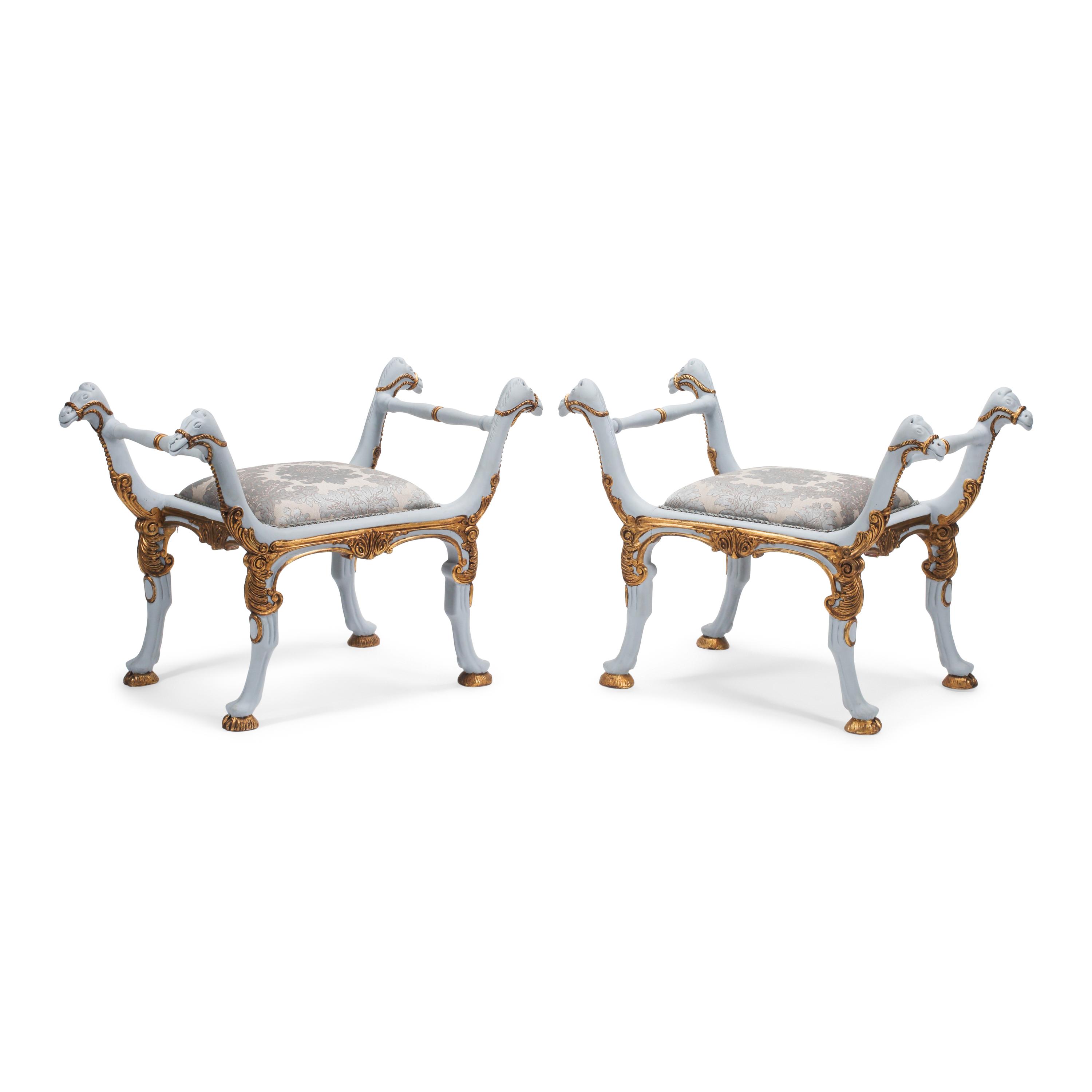 A Pair of Italian Painted and Parcel-Gilt Camel-Motif Benches