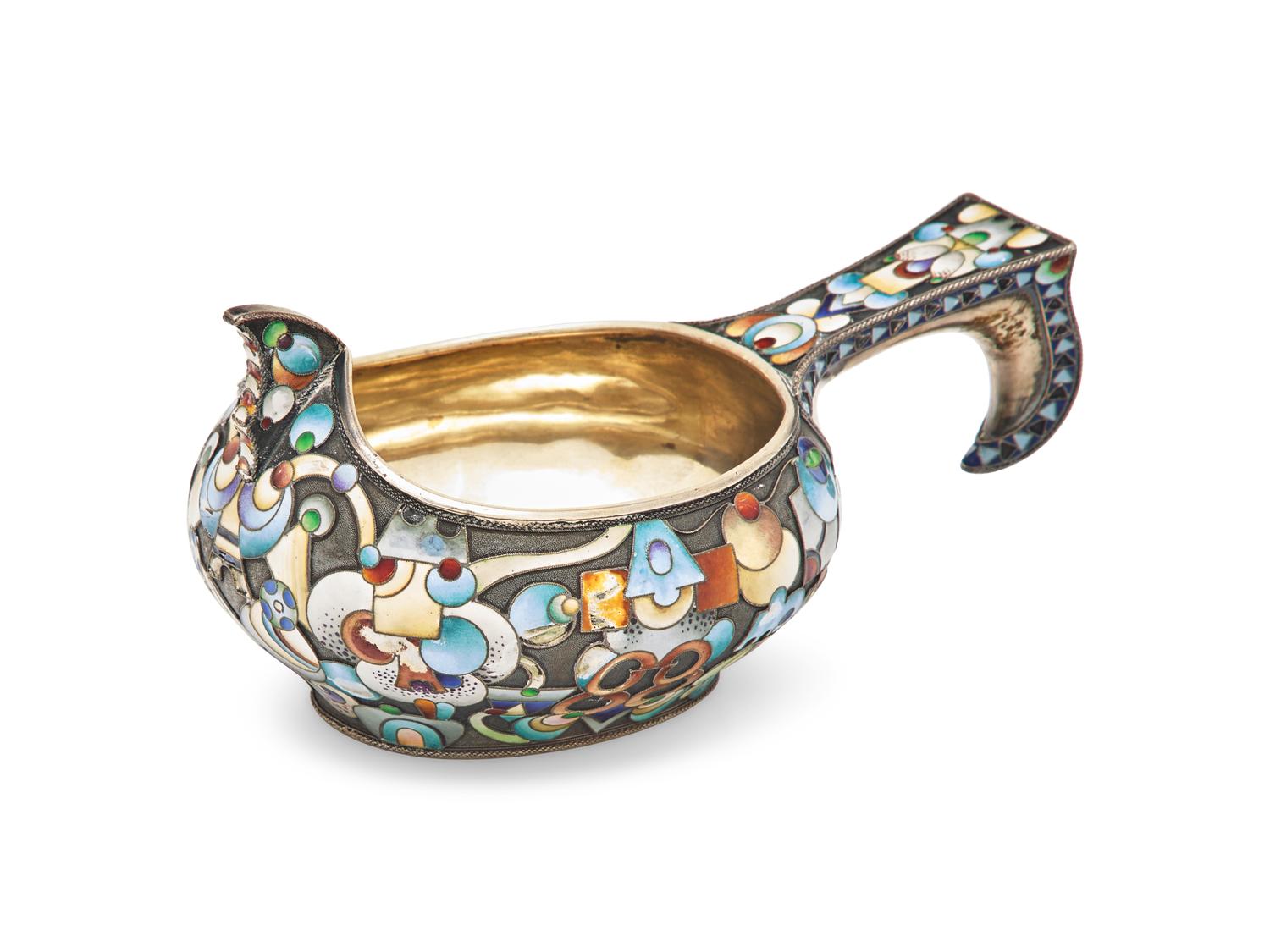 A Russian Silver and Cloisonné Enamel Kovsh
