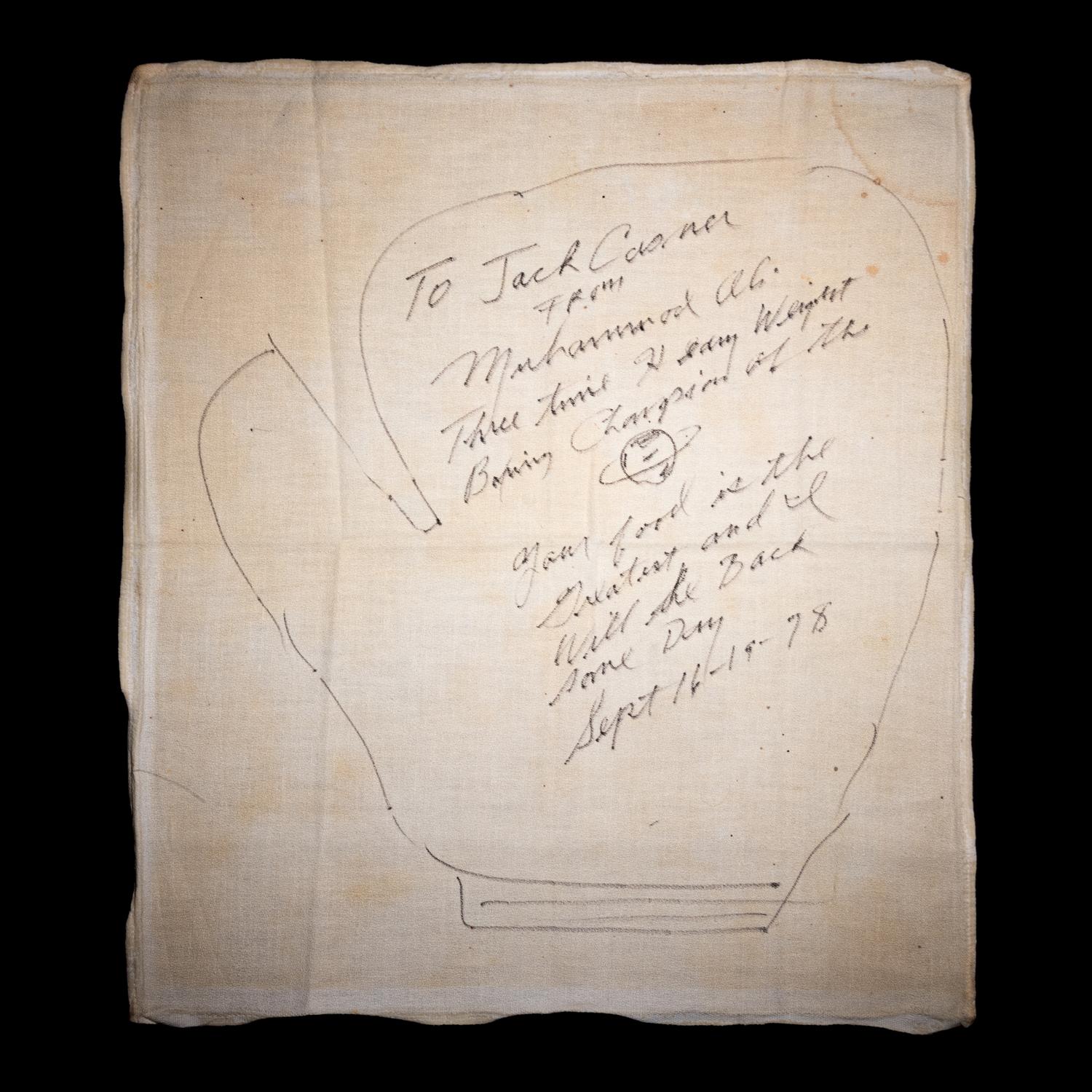 A Muhammad Ali Signed Autograph Drawing of a Boxing Glove Gifted to New Orleans Restaurant The Day After Second Leon Spinks Fight In 1978,