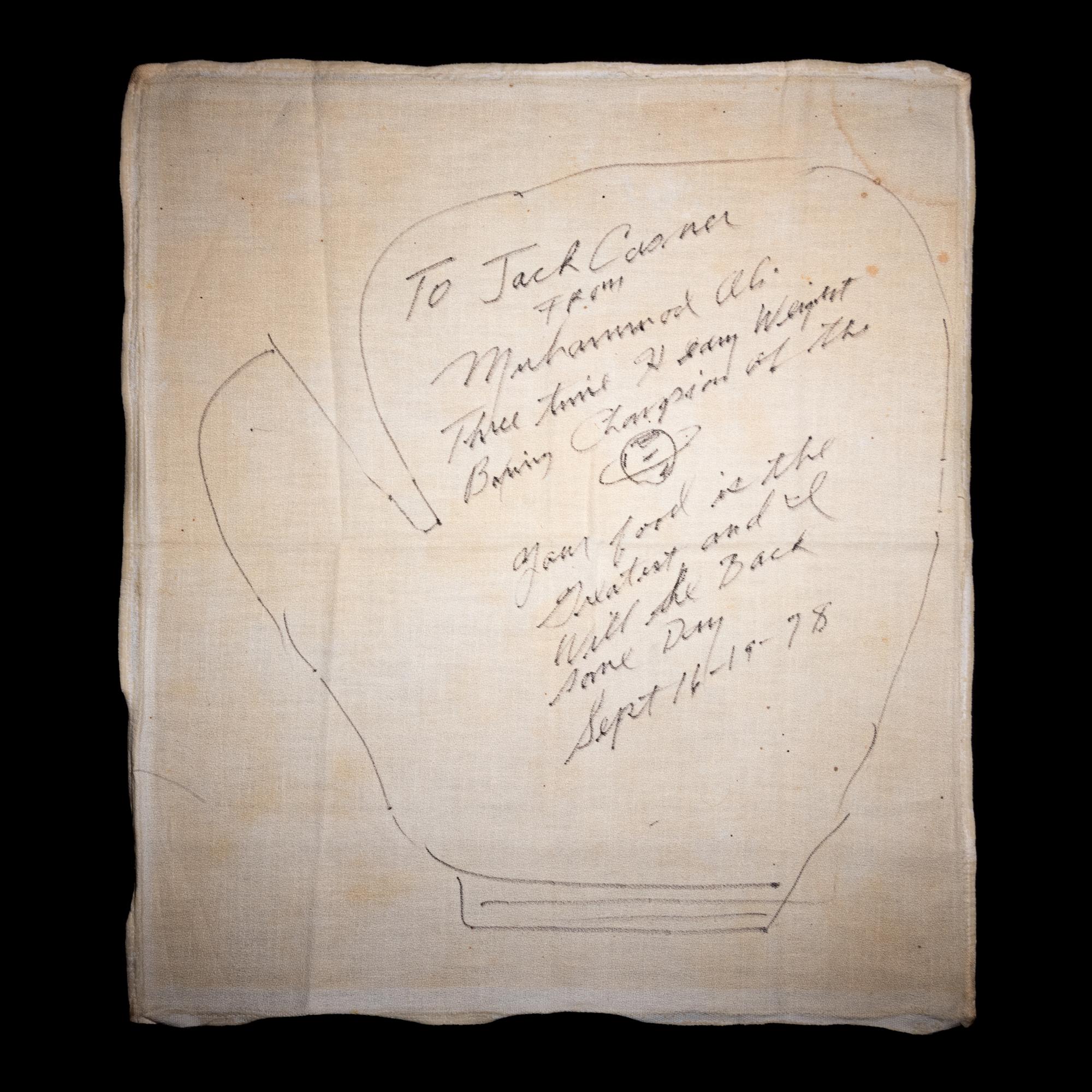 A Muhammad Ali Signed Autograph Drawing of a Boxing Glove Gifted to New Orleans Restaurant The Day After Second Leon Spinks Fight In 1978,
