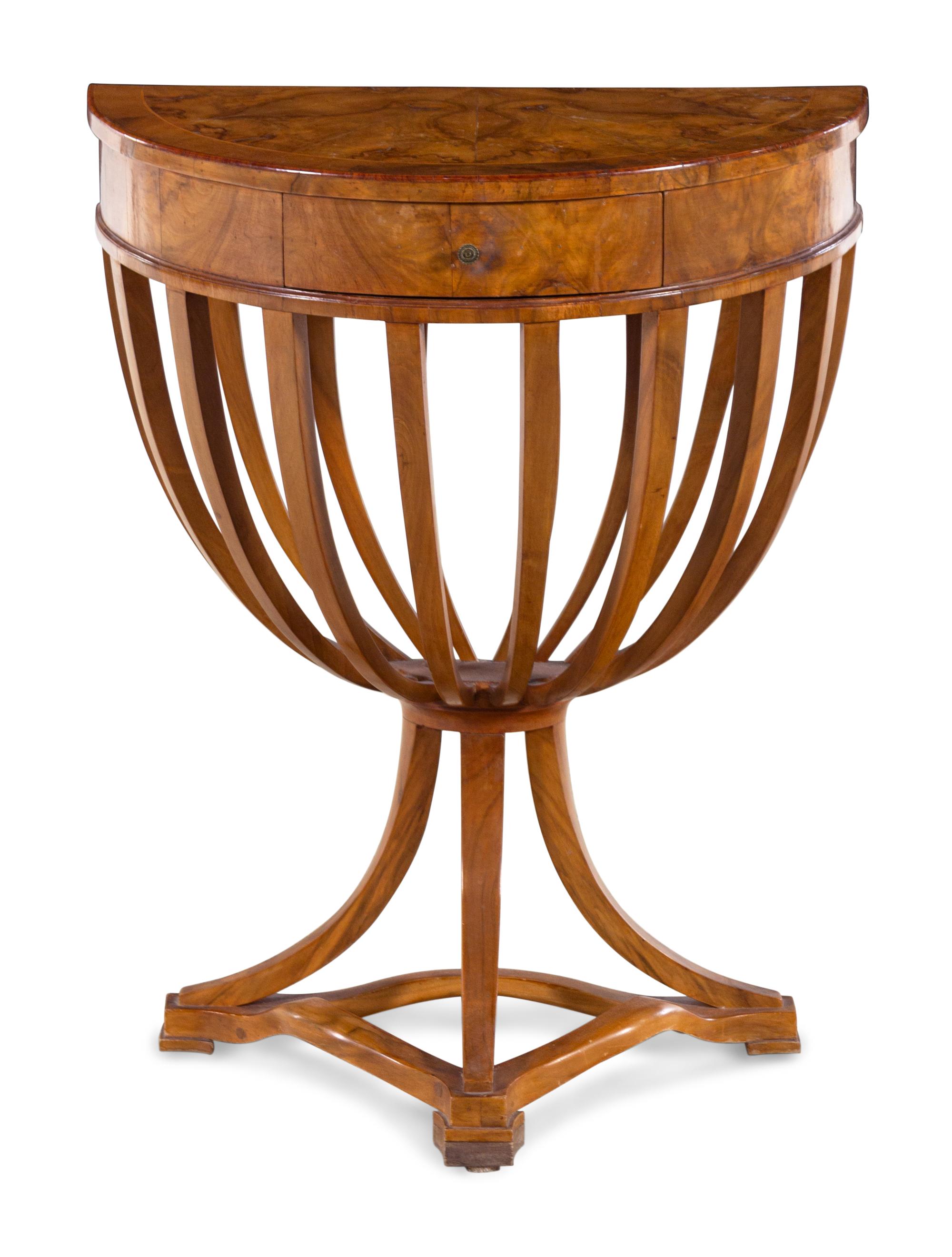 An Italian Biedermeier Style Burlwood Demilune Console Table