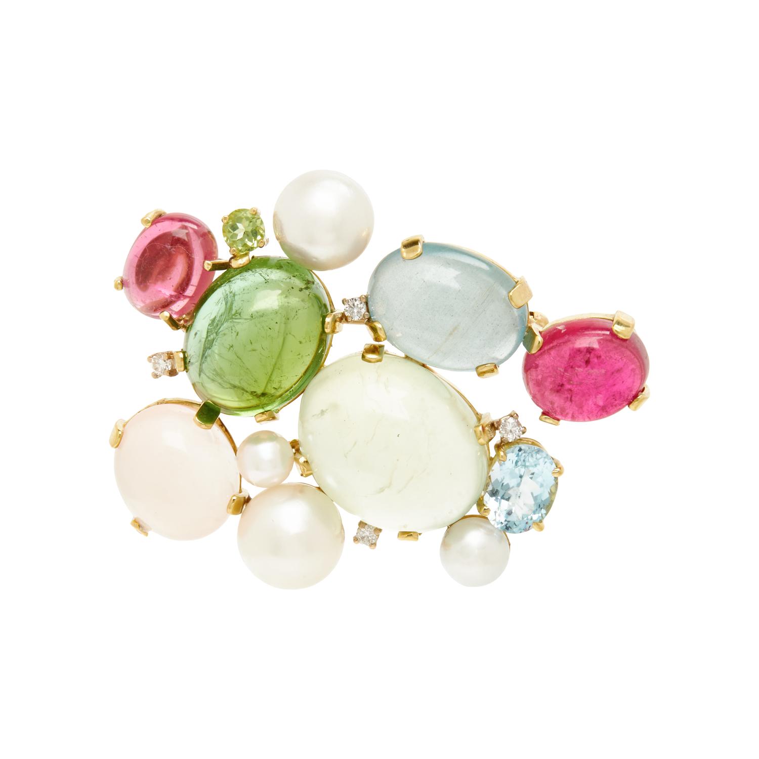YELLOW GOLD AND MULTIGEM BROOCH AND EARRINGS