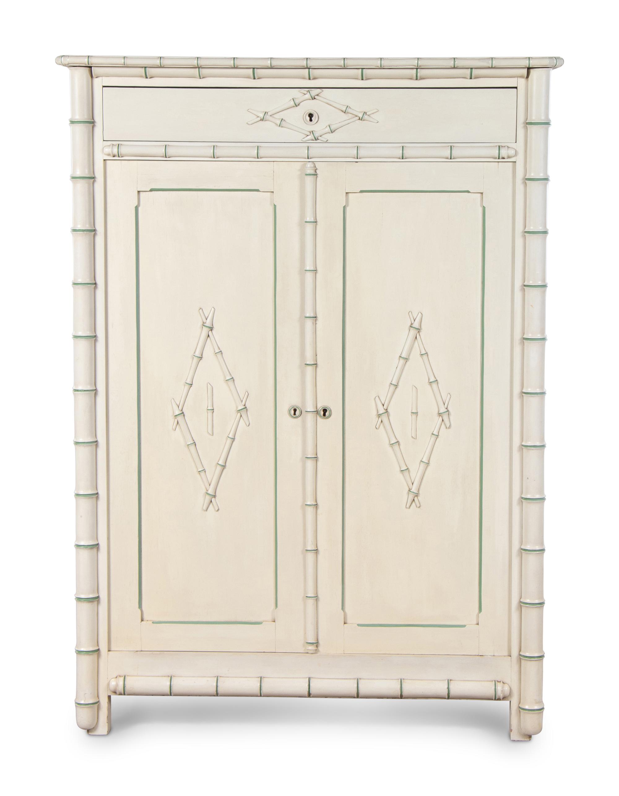 A Victorian White Painted Faux Bamboo Armoire
