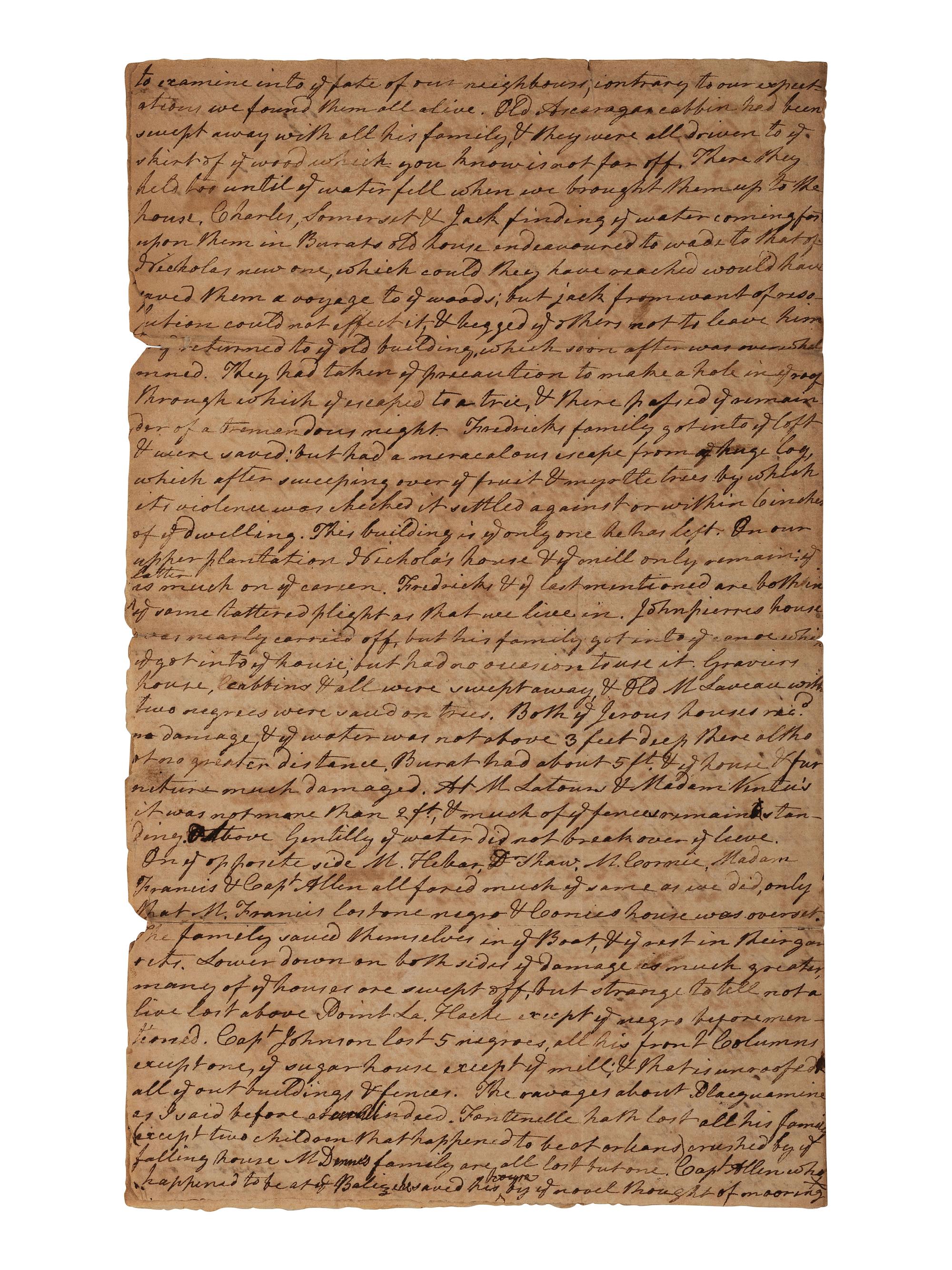 [LOUISIANA]. 2 letters, one from Belvue Plaquemine incl. detailed account of a hurricane. 1812.