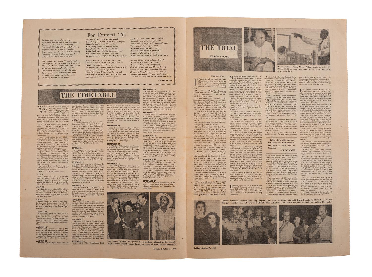 [TILL, Emmett (1941-1955)]. Murder in Mississippi. [San Francisco]: [ Daily People's World ], 1955. Special broadside offprint.