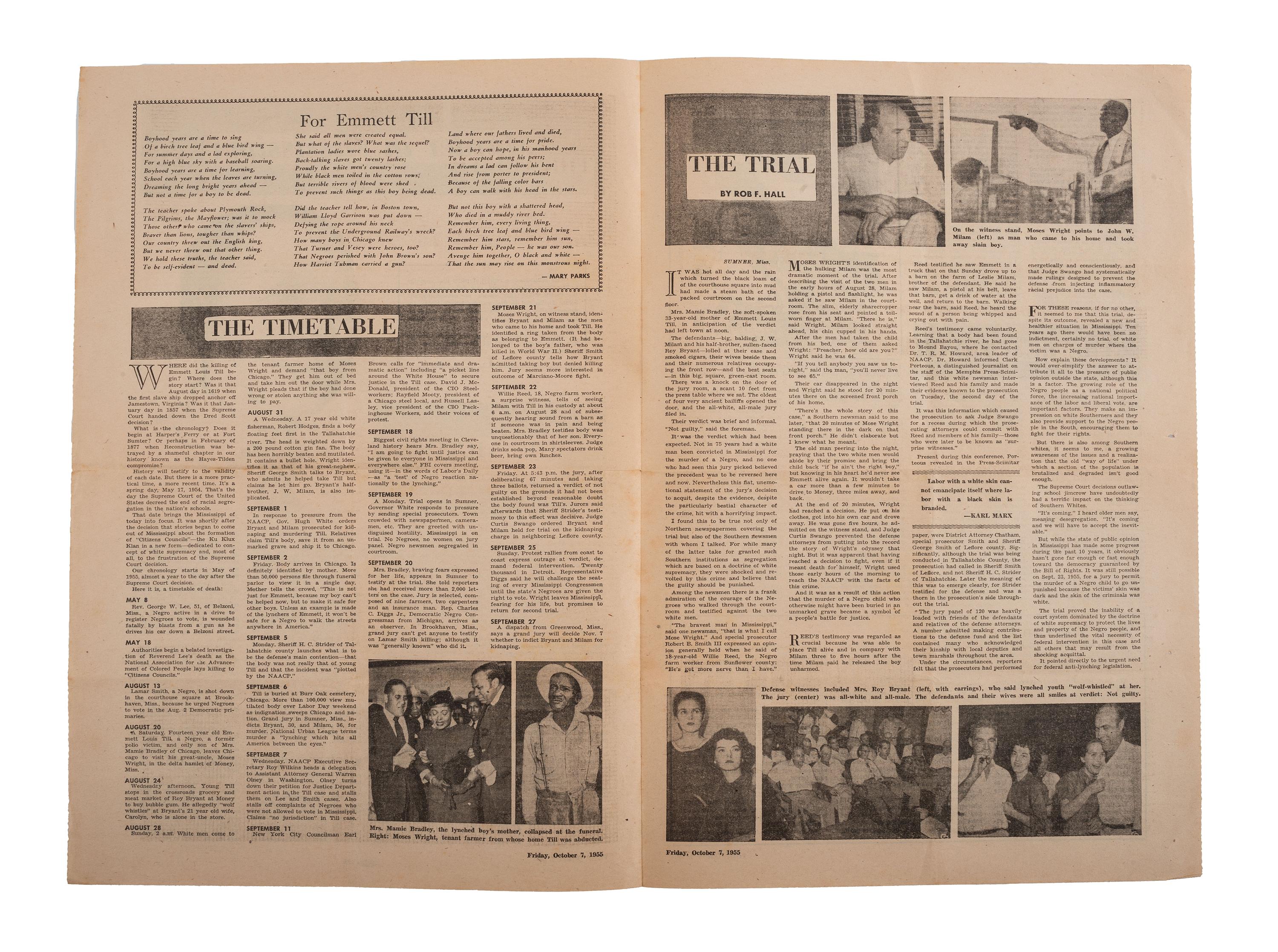 [TILL, Emmett (1941-1955)]. Murder in Mississippi. [San Francisco]: [ Daily People's World ], 1955. Special broadside offprint.