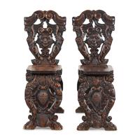 A Pair of Italian Carved Walnut Sgabello Chairs
