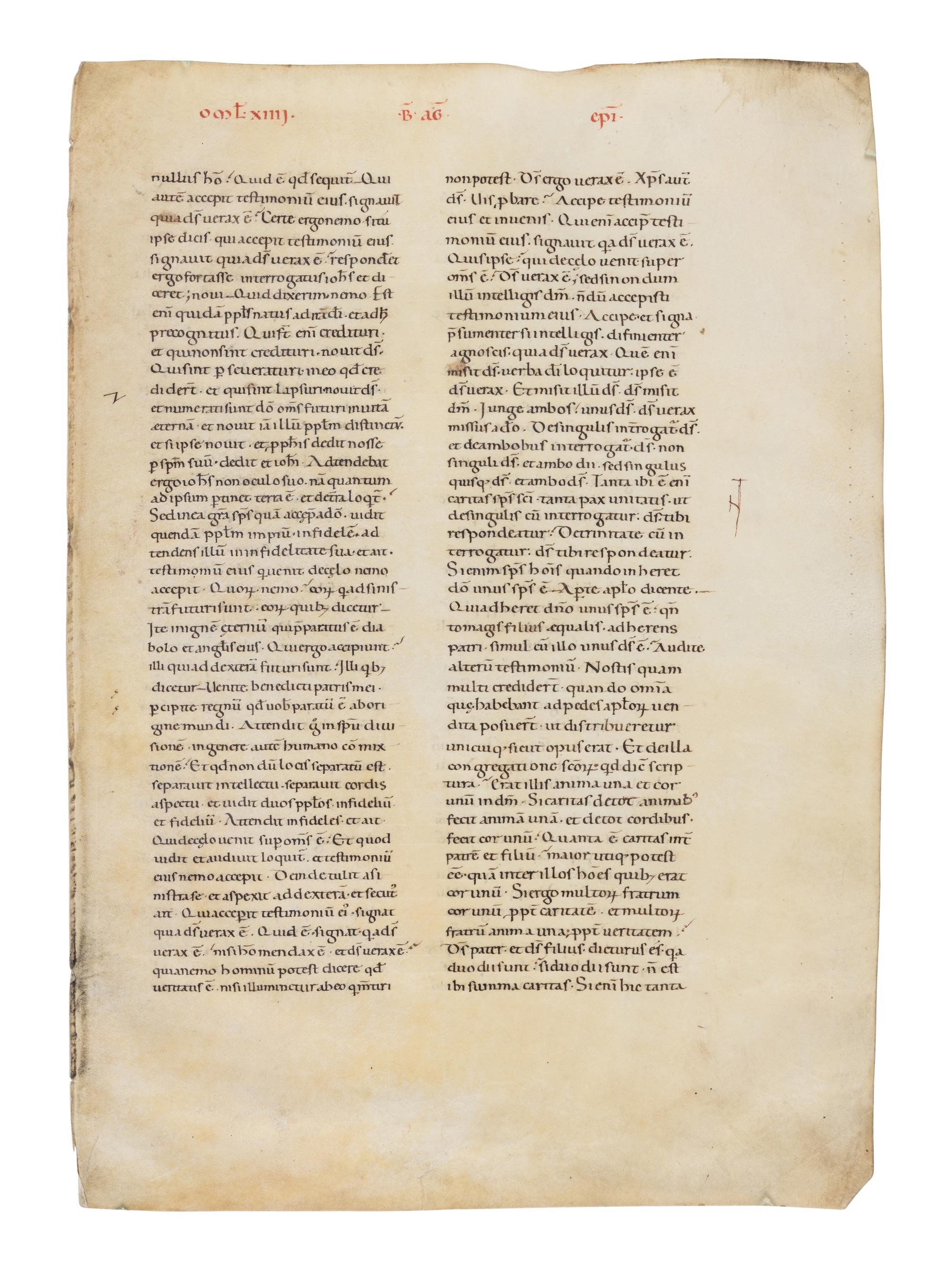 MAGNIFICENT REMNANT OF ITALIAN ROMANESQUE MANUSCRIPT CULTURE Florentine School, single leaf from a copy of Augustine’s Tractatus in euangelium Iohanem (Homily XIIII), in Latin, manuscript on parchment [Italy, Tuscany c. 1130–1150]