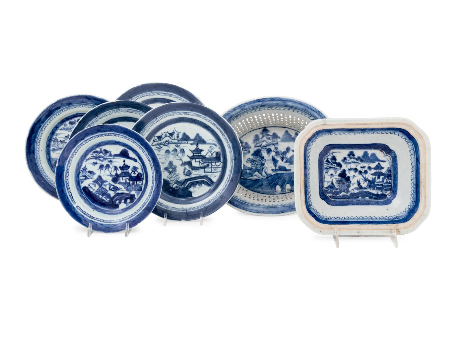 Seven Chinese Export Canton Blue and White Porcelain Wares
