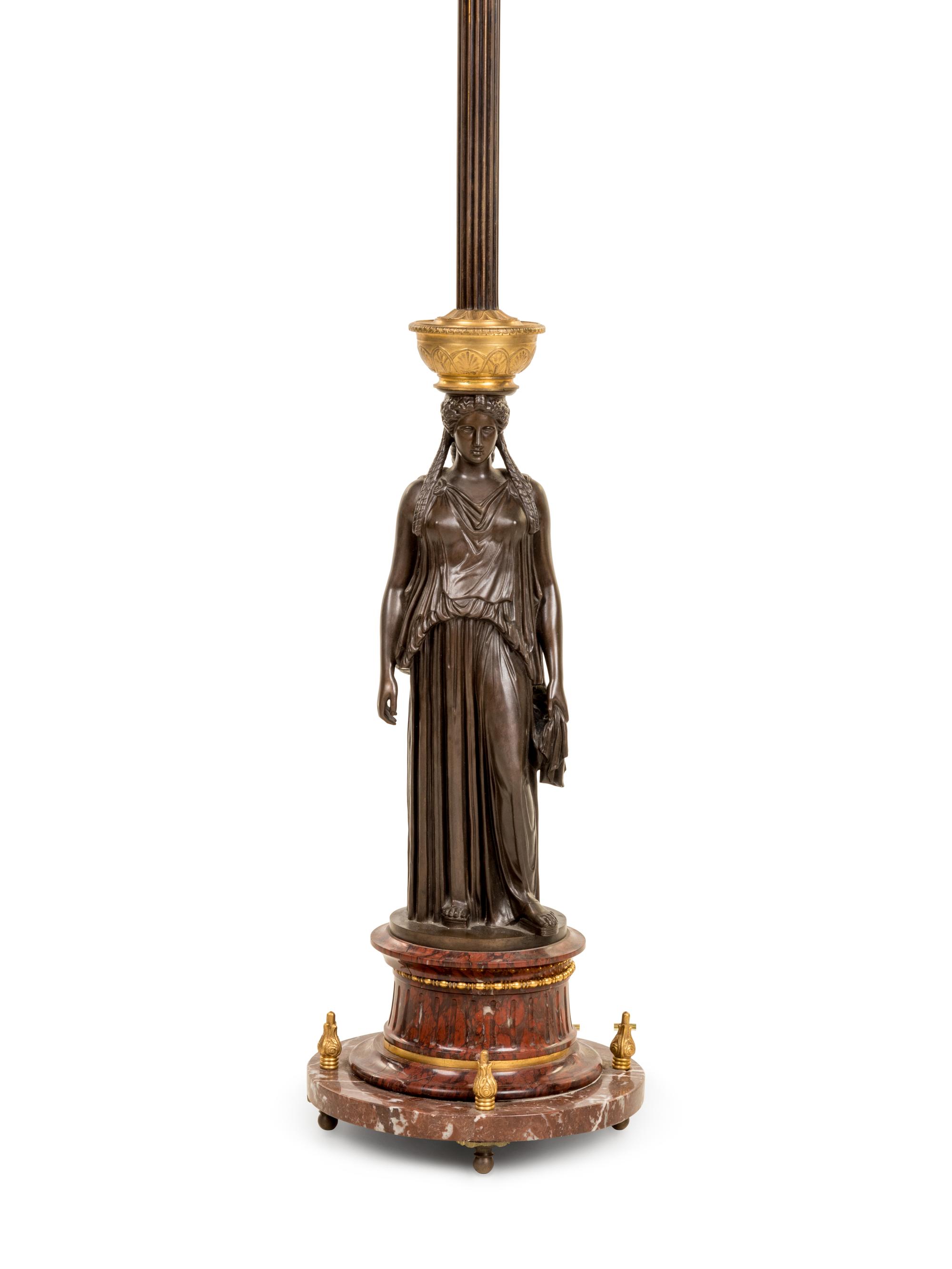 An Empire Style Gilt and Patinated Bronze Candelabrum Mounted as a Floor Lamp