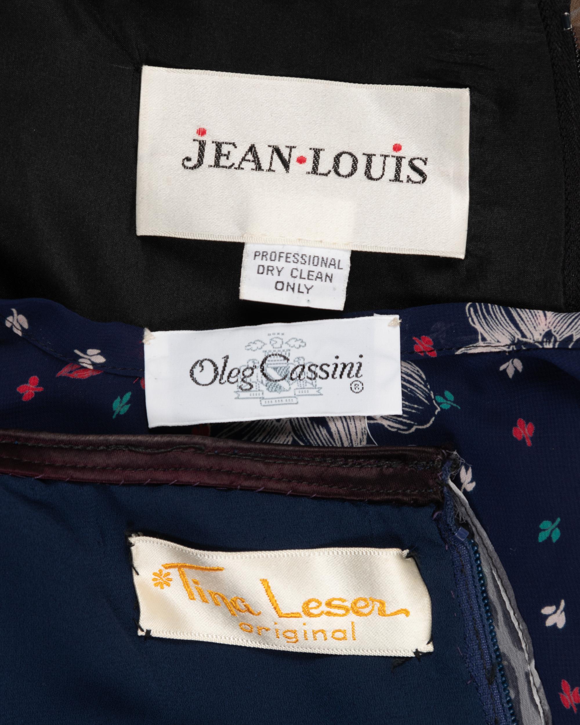 Three Floral Print Designer Dresses: One Three-Piece Oleg Cassini, One Jean-Louis, One Three-Piece Tina Leser, 1970-80s