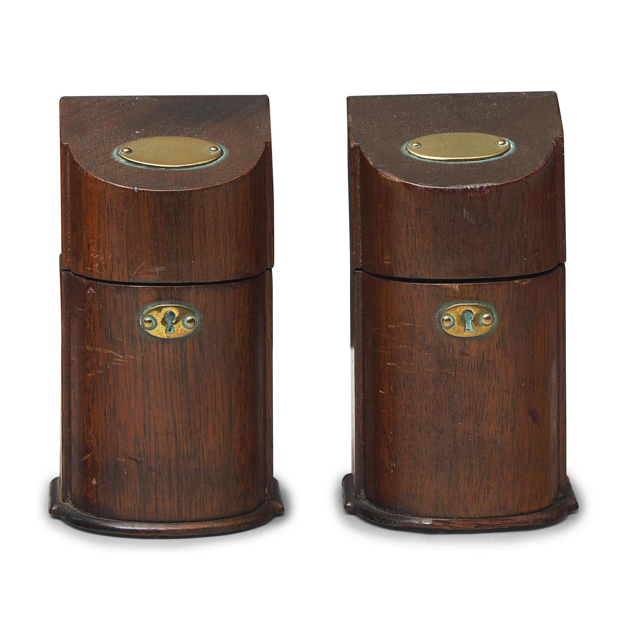A Pair of George III Style Brass-Mounted Mahogany Match Cases in the Form of Miniature Knife Boxes
