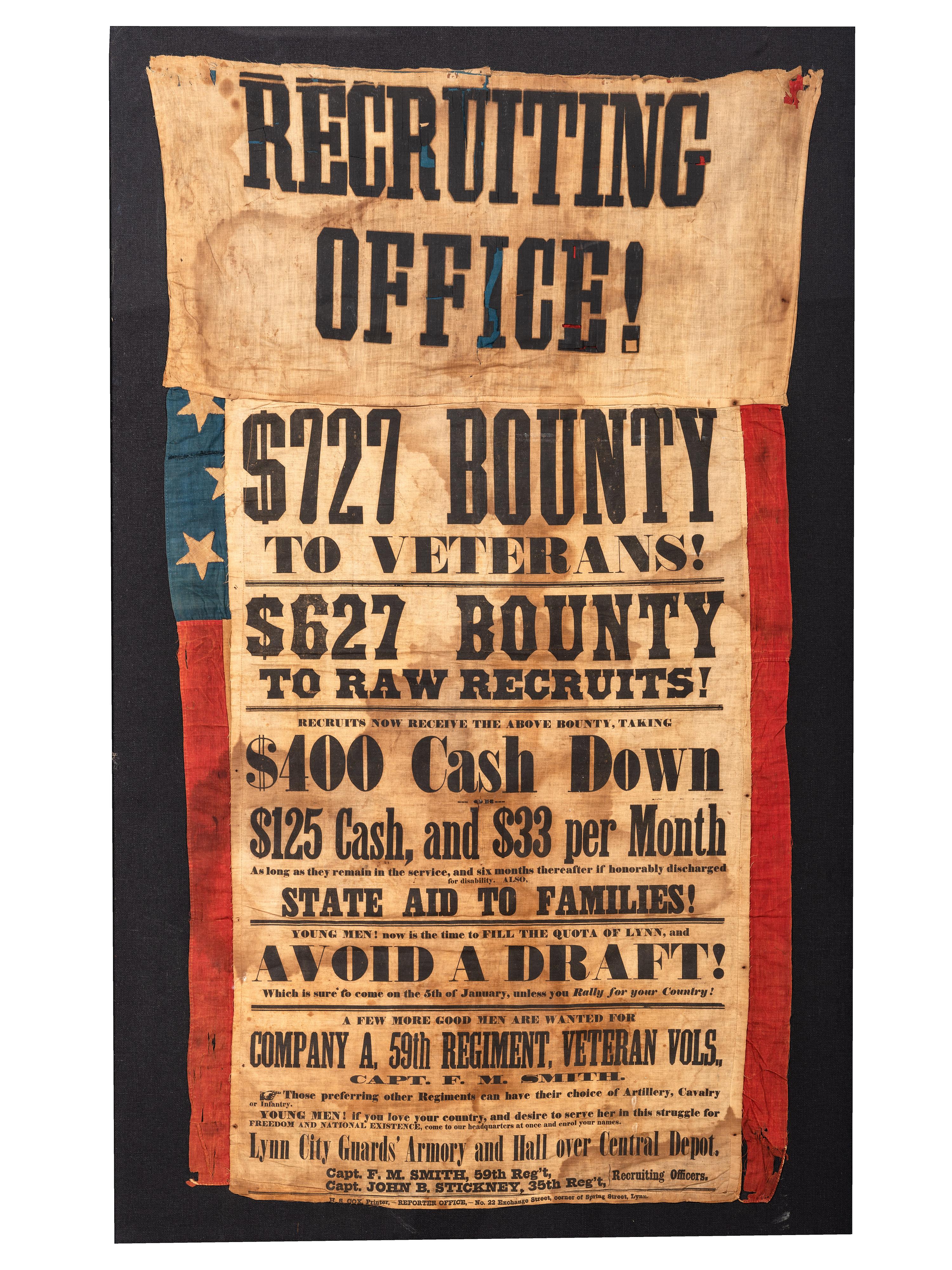 [CIVIL WAR]. 59th Massachusetts Infantry recruitment banner stitched to American flag. Lynn, MA: H.S. Cox, late 1863.