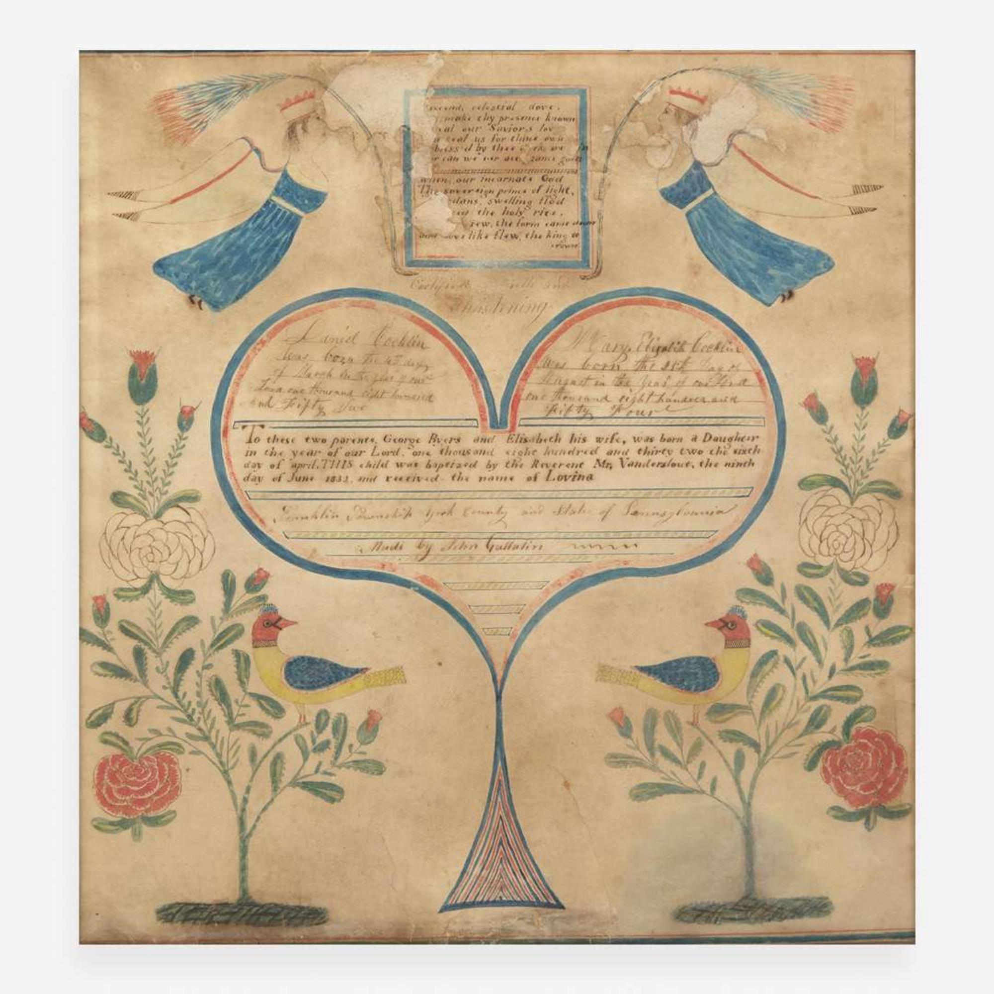 A Fraktur birth record for the Byers Family Signed, "John Gallatin," Franklin Township, York County, PA, dated "1832" Provenance Property of a New York collector.
