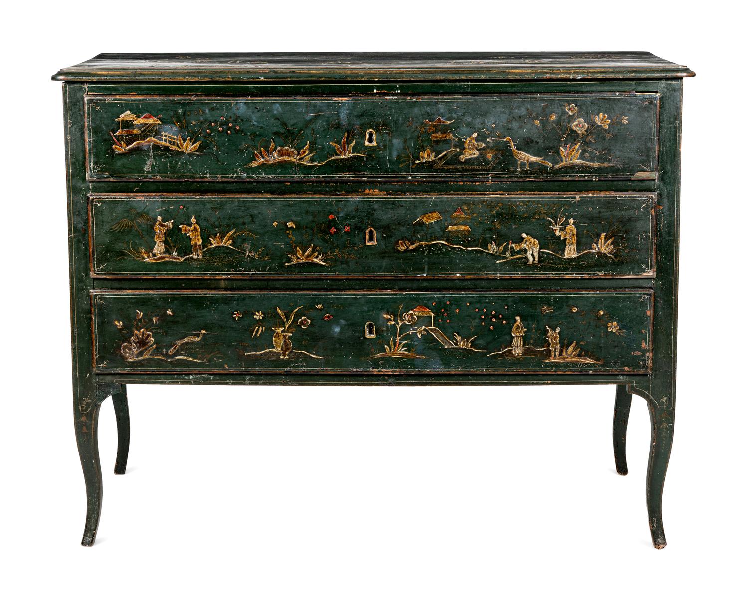 A North Italian Green Japanned Three-Drawer Commode