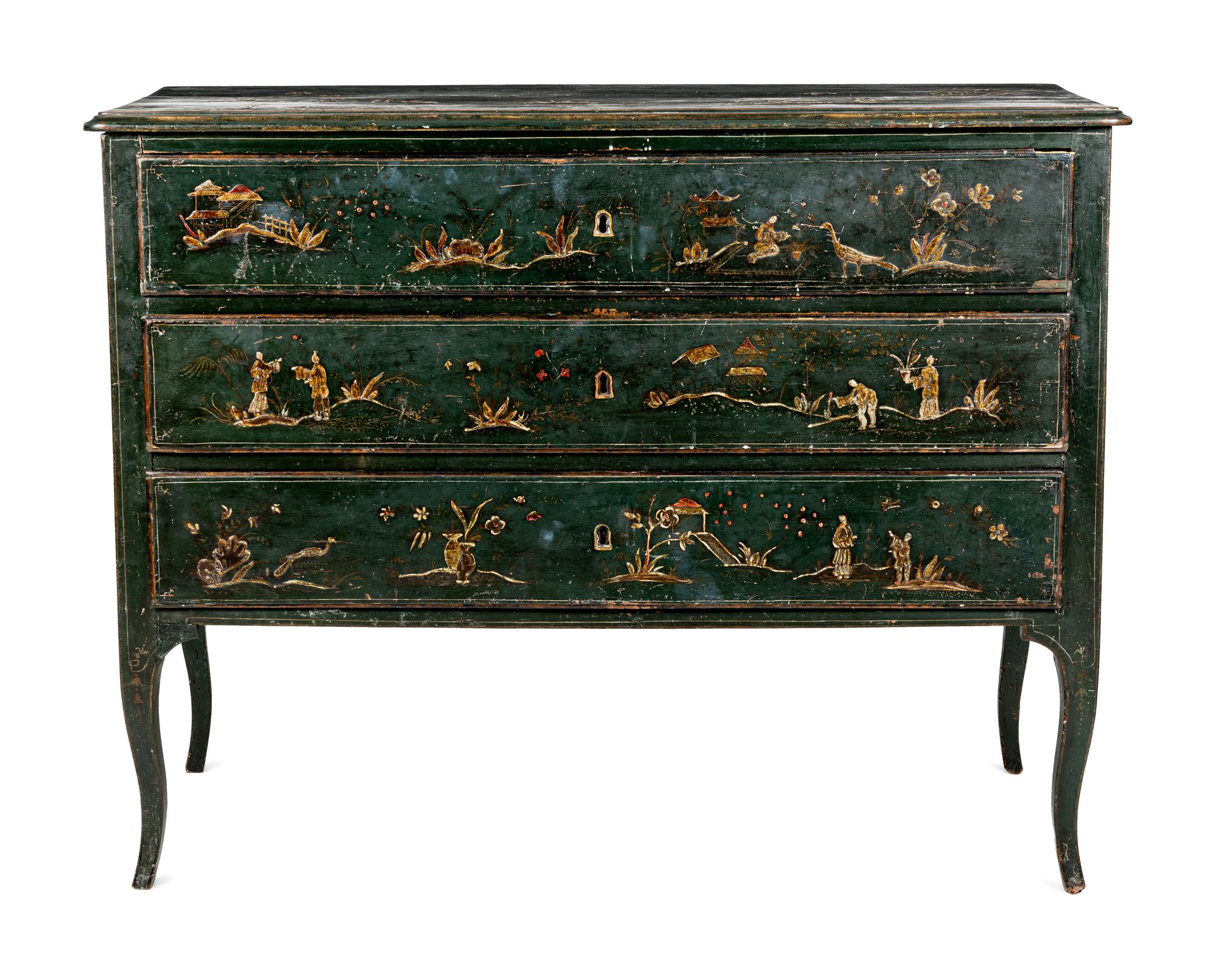 A North Italian Green Japanned Three-Drawer Commode