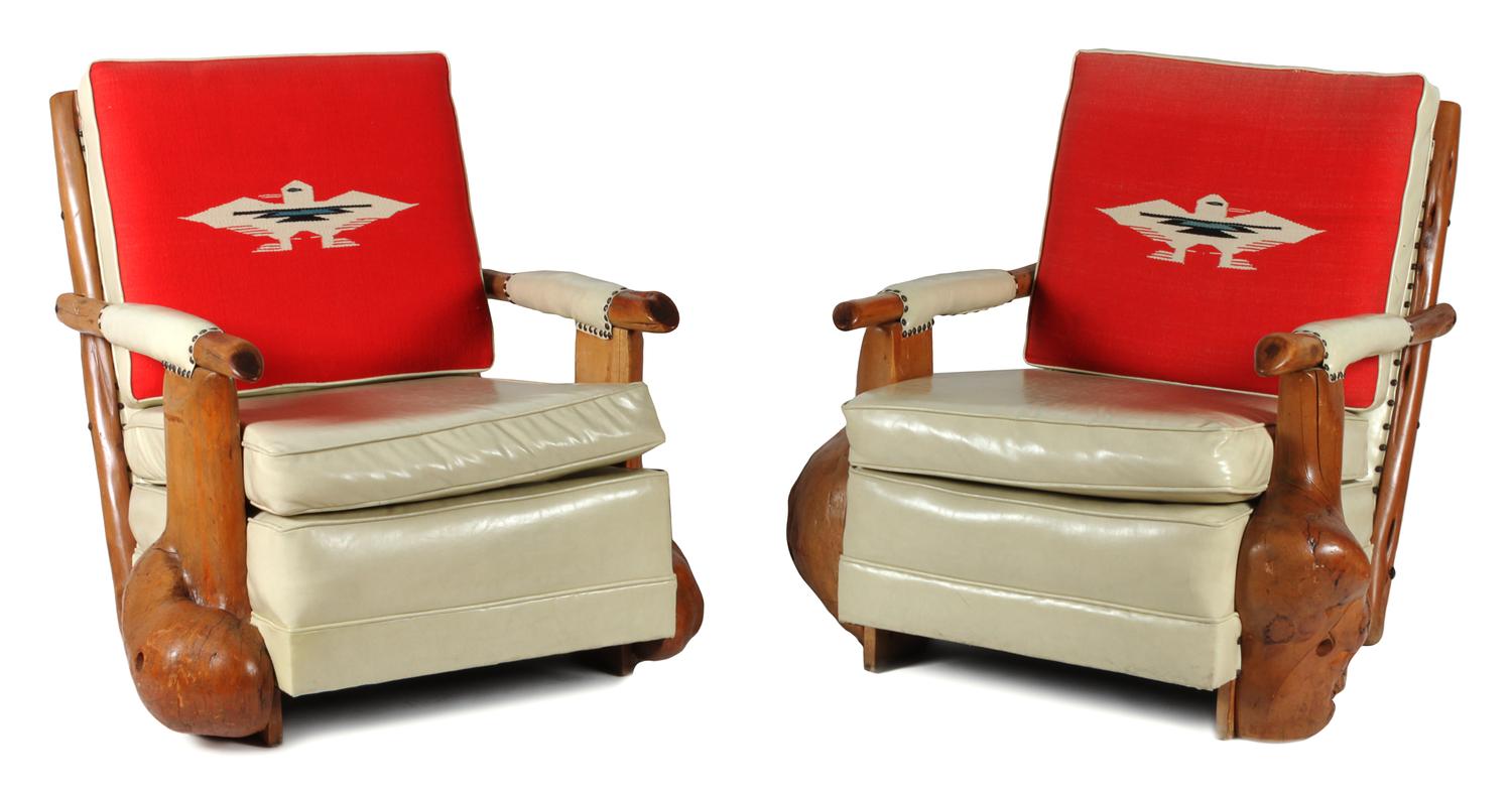 Pair of Western Style Burled Wood Club Chairs by Uptown Furniture Company Height 33 x width 35 x depth 36 inches