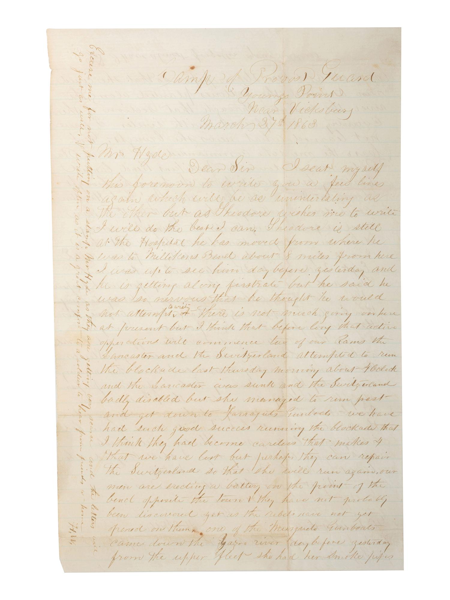 [CIVIL WAR - NAVY]. WILBUR, H.P. Autograph letter signed ("H.P. Wilbur") to a "Mr. Hyde." "Young's Point Near Vicksburg," 27 March 1863.