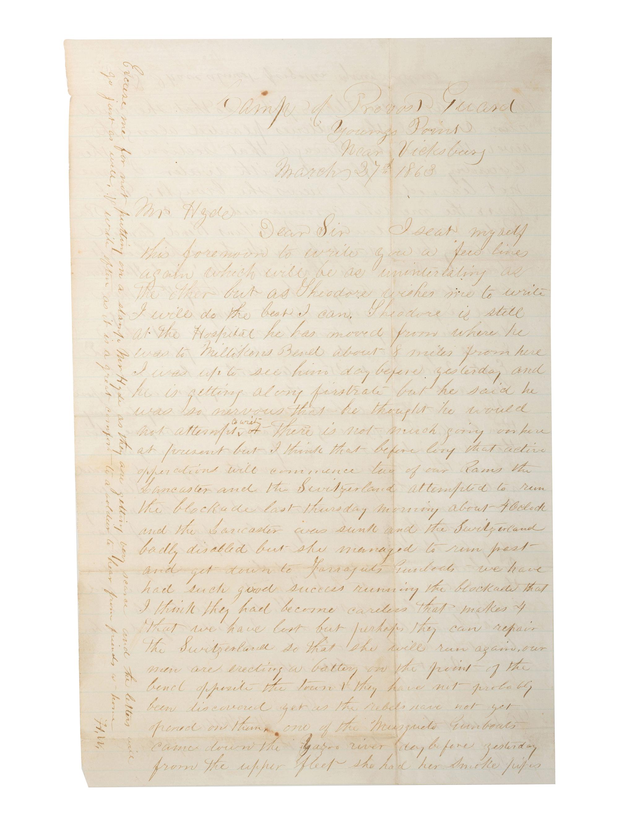 [CIVIL WAR - NAVY]. WILBUR, H.P. Autograph letter signed ("H.P. Wilbur") to a "Mr. Hyde." "Young's Point Near Vicksburg," 27 March 1863.