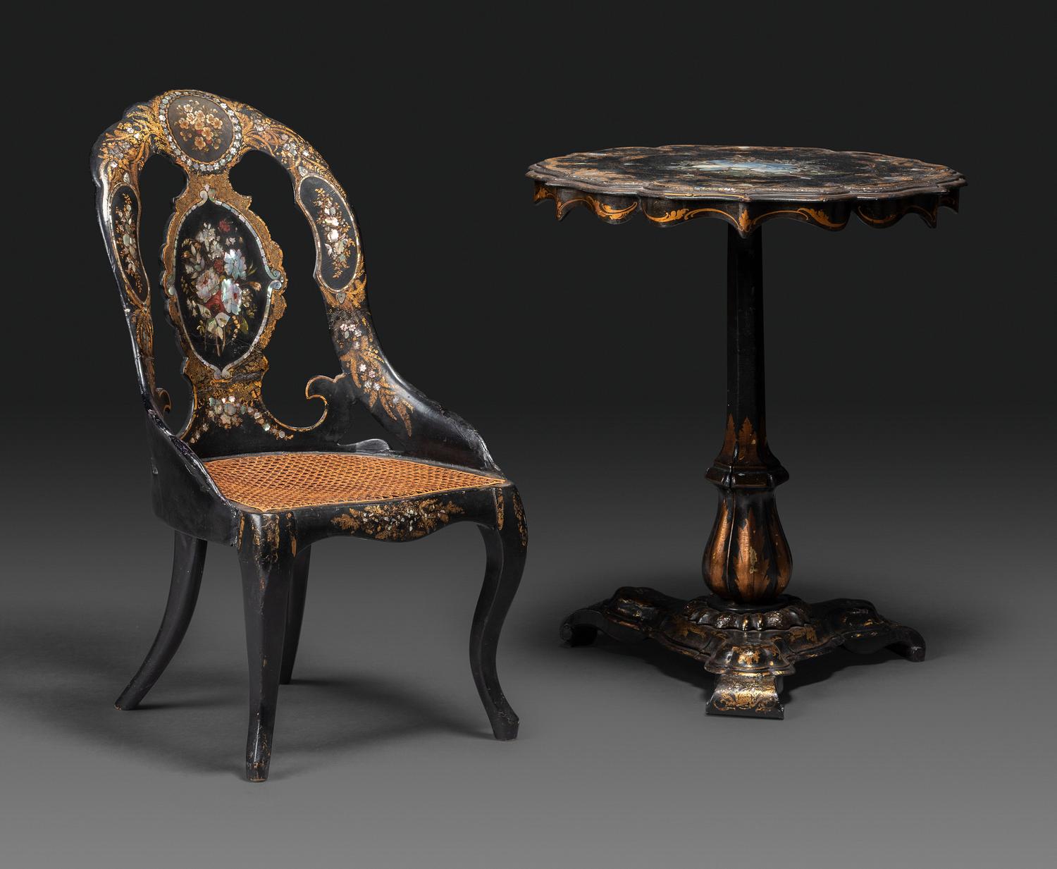 A Victorian Parcel-Gilt and Black Lacquered Mother-of-Pearl Inlaid Side Table and Side Chair