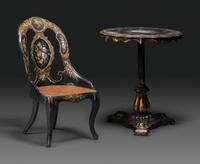 A Victorian Parcel-Gilt and Black Lacquered Mother-of-Pearl Inlaid Side Table and Side Chair