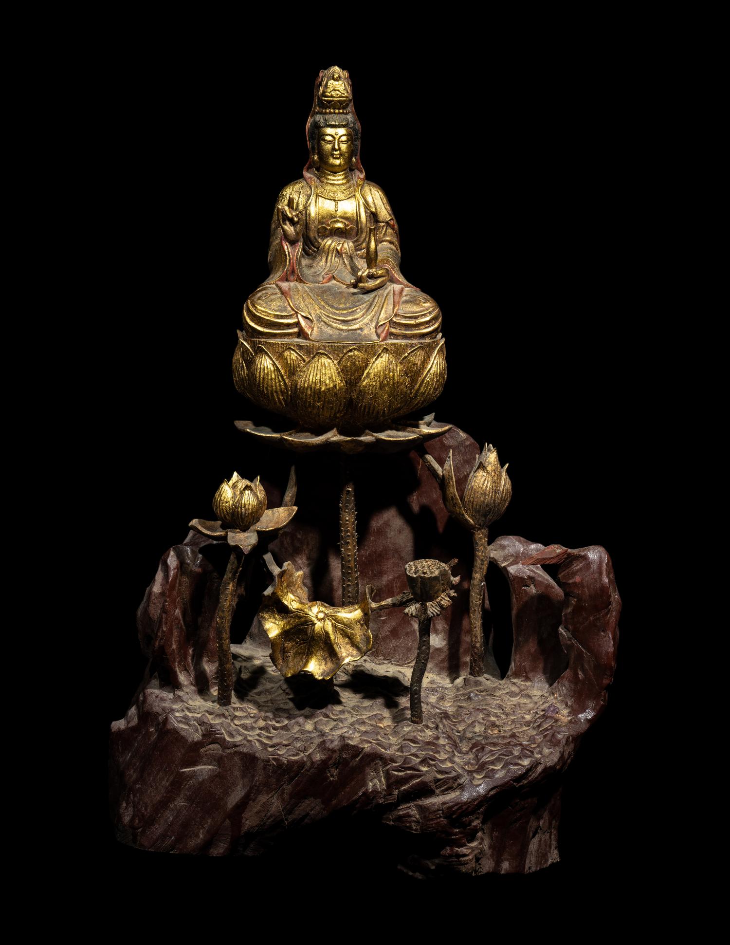 A Chinese Red and Gilt Lacquered Wood Figure of Guanyin