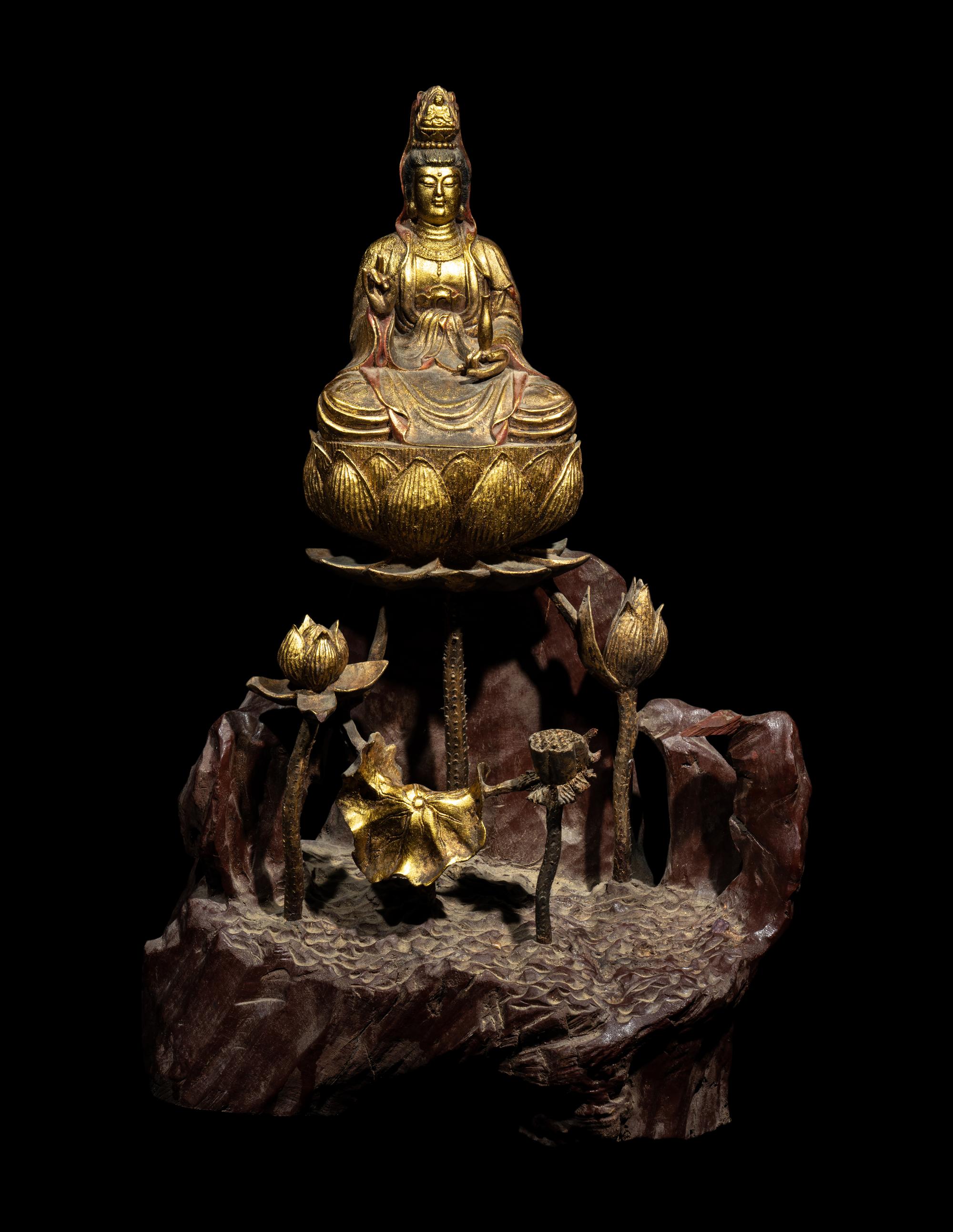 A Chinese Red and Gilt Lacquered Wood Figure of Guanyin