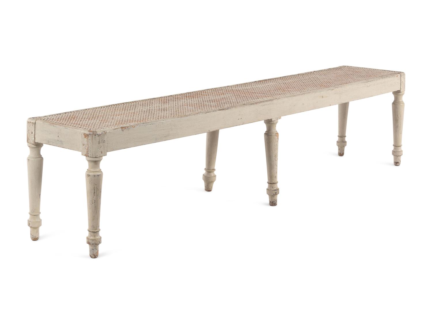 A Gustavian Style Grey-Painted Caned Bench