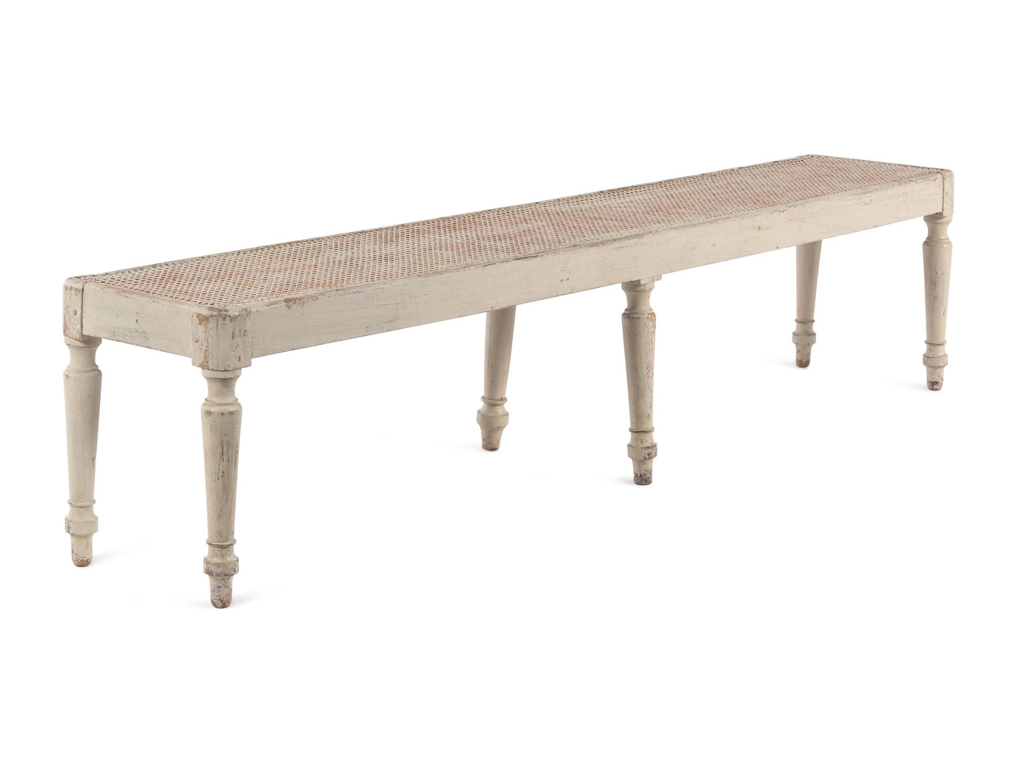 A Gustavian Style Grey-Painted Caned Bench