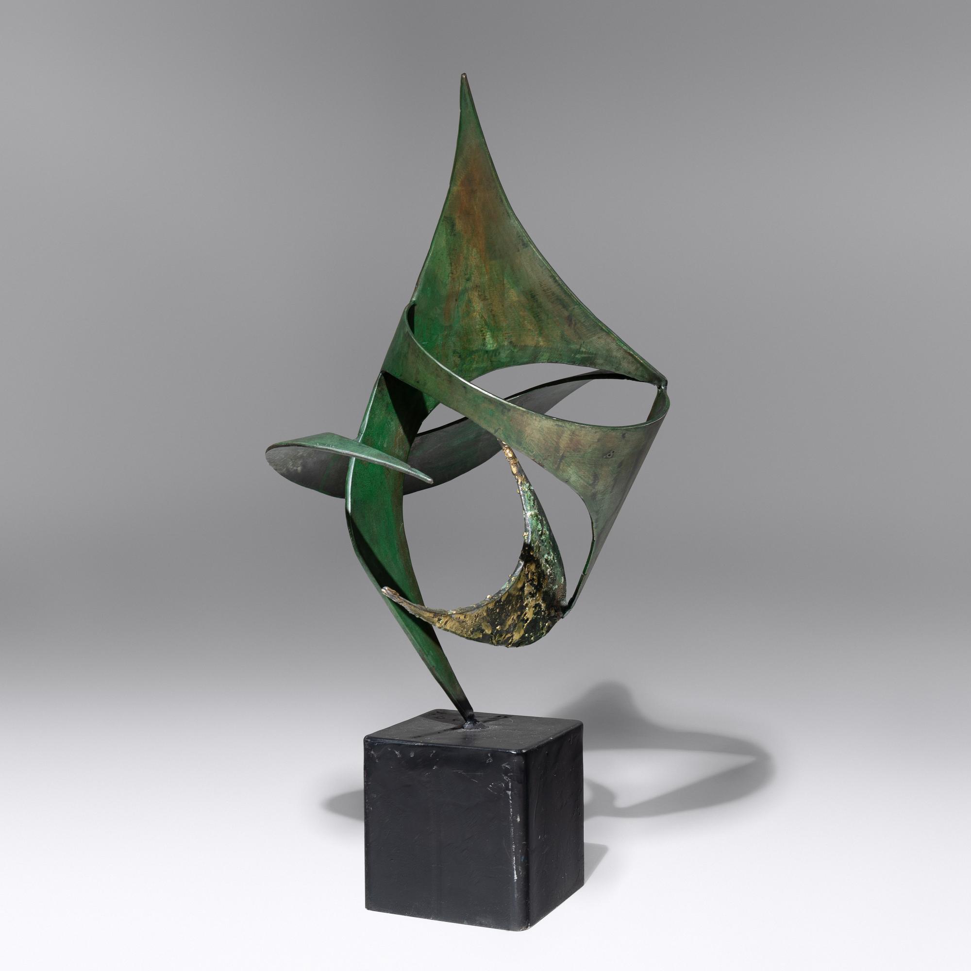 Cradle torch cut, acid etched verde sculpture