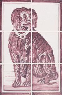 A Pair of Framed White and Sepia Glazed Tile Panels of Dogs