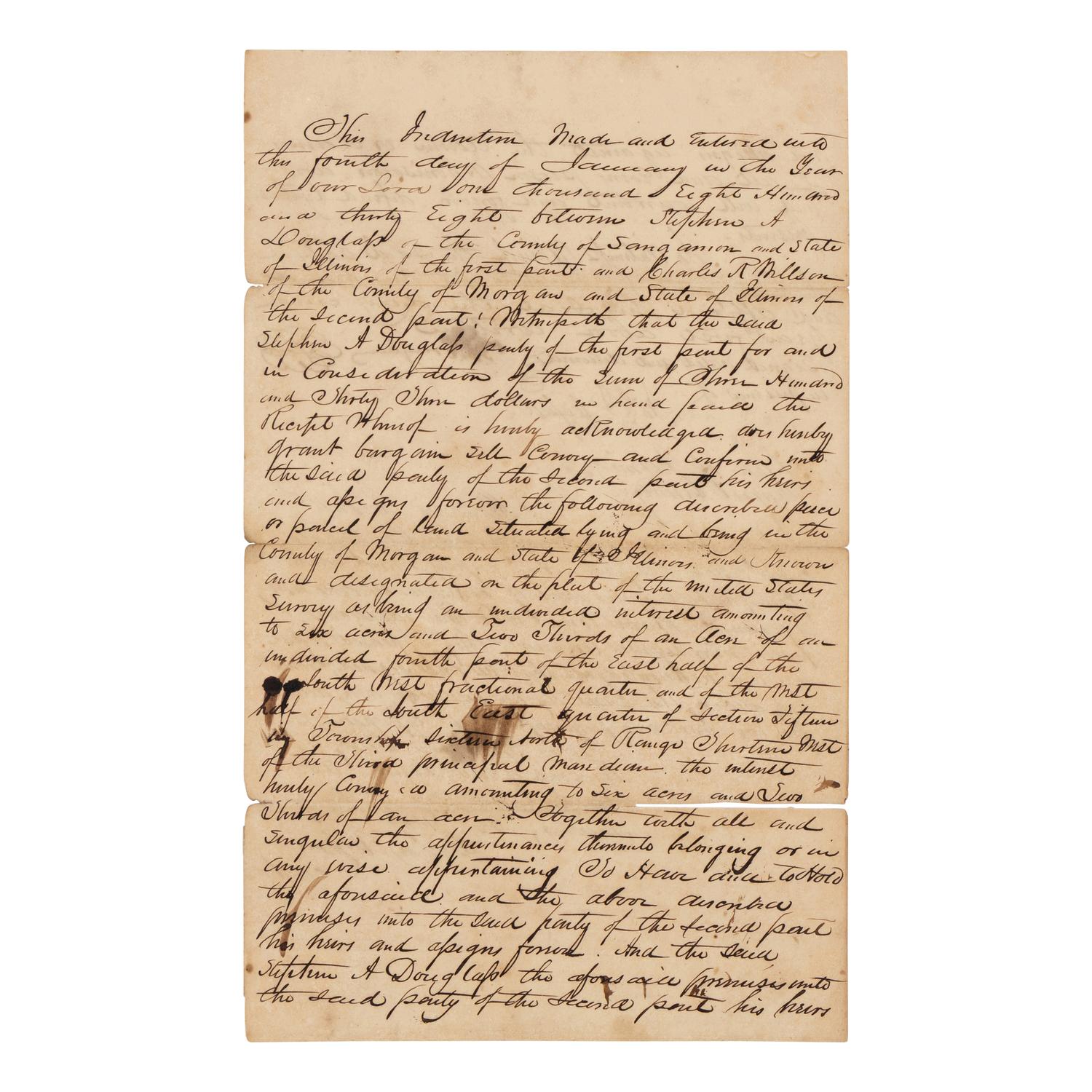 DOUGLAS, Stephen Arnold (1813-1861). A group of 14 documents and letters relating to Douglas's legal and political career, ca 1834-1857, comprising: