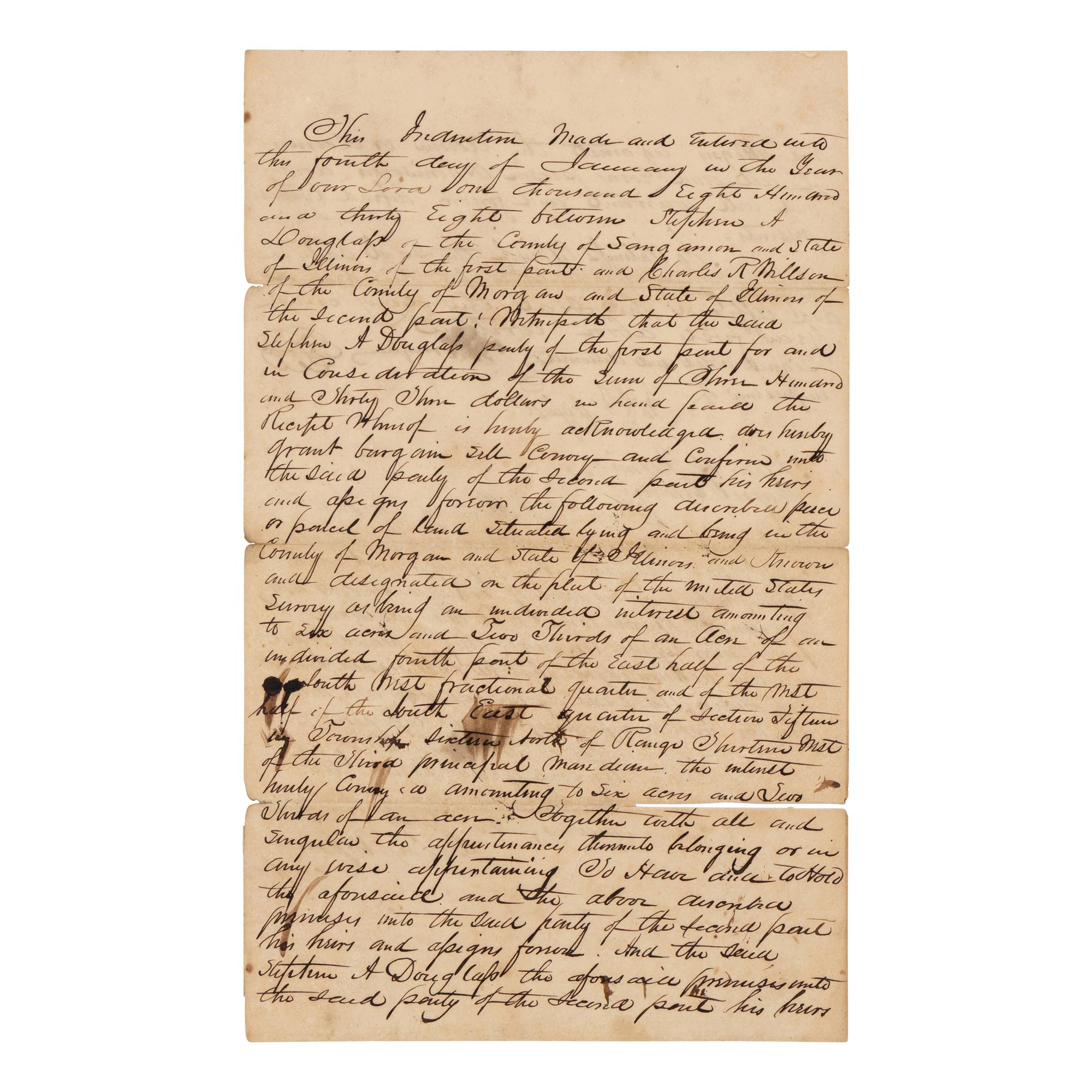 DOUGLAS, Stephen Arnold (1813-1861). A group of 14 documents and letters relating to Douglas's legal and political career, ca 1834-1857, comprising: