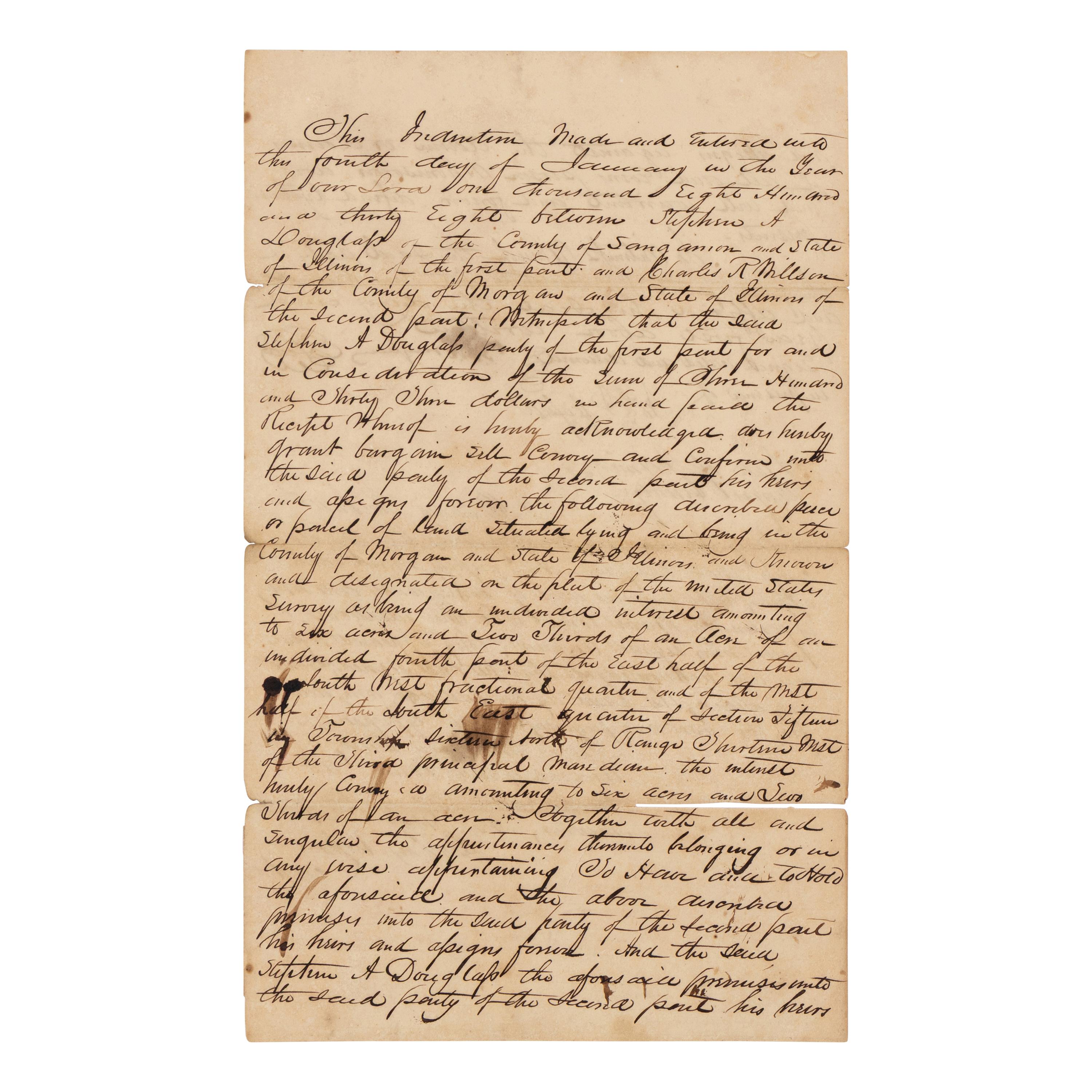 DOUGLAS, Stephen Arnold (1813-1861). A group of 14 documents and letters relating to Douglas's legal and political career, ca 1834-1857, comprising: