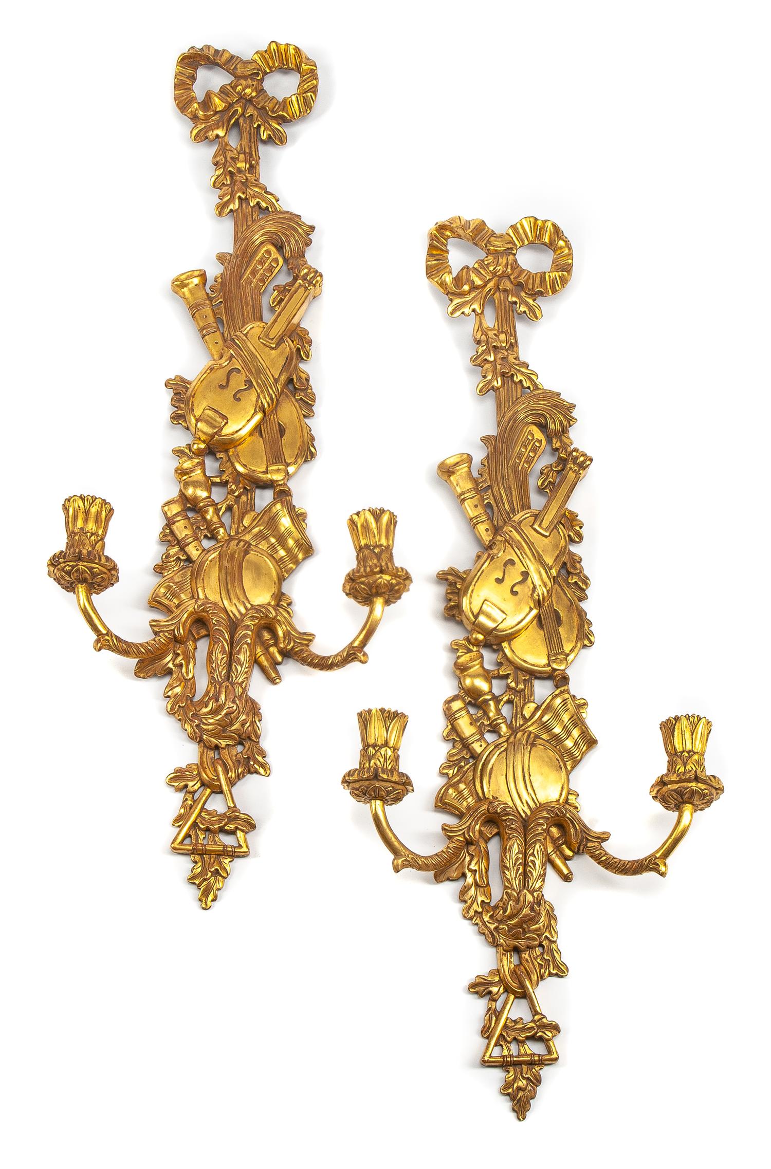 A Pair of Louis XV Style Giltwood Two-Light Sconces Height 40 inches. — 20TH CENTURY