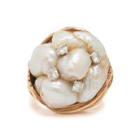 Ruser, Cultured Pearl, Diamond, and Yellow Gold Ring